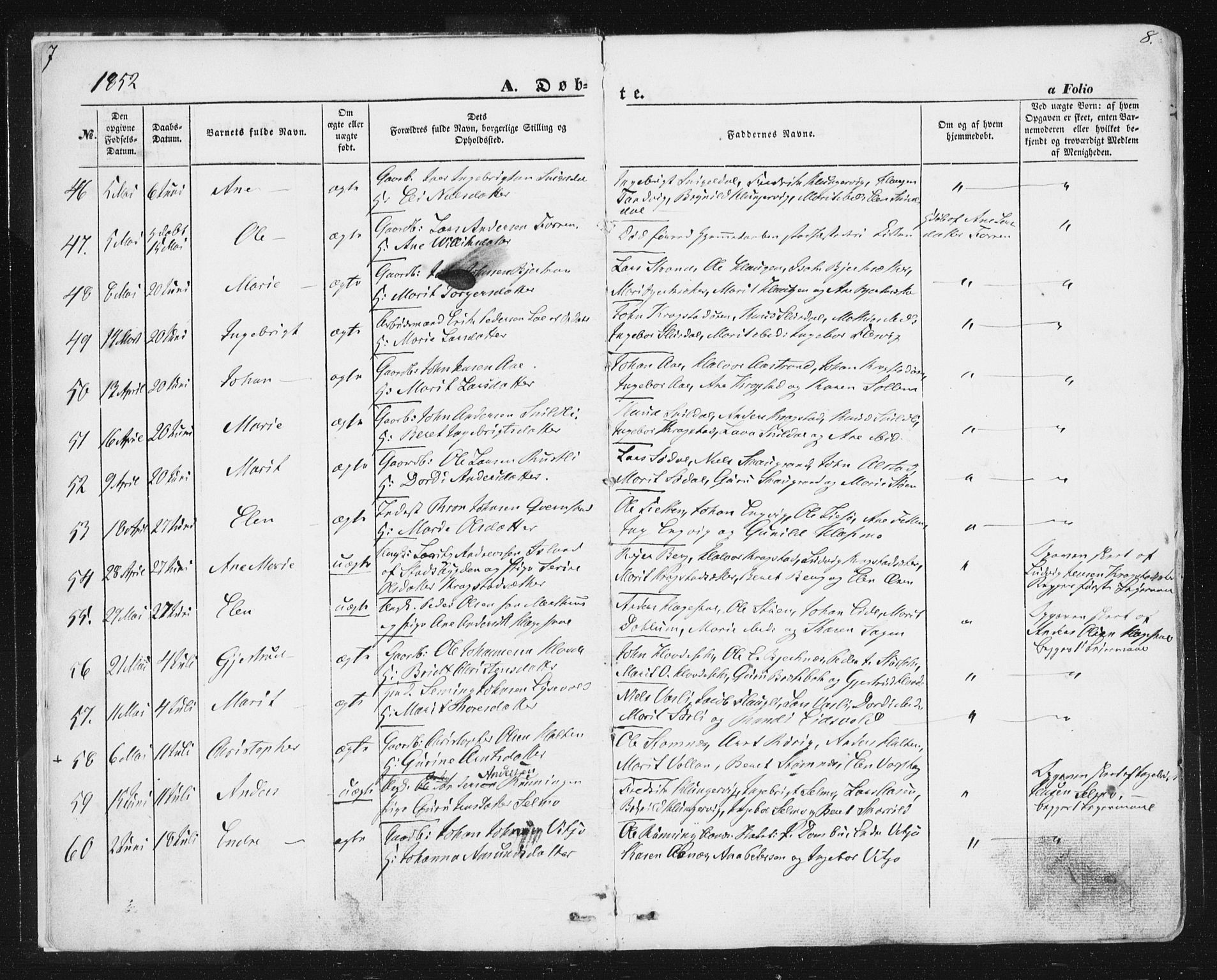 Ministerialprotokoller, klokkerbøker og fødselsregistre - Sør-Trøndelag, SAT/A-1456/630/L0494: Ministerialbok nr. 630A07, 1852-1868, s. 7-8