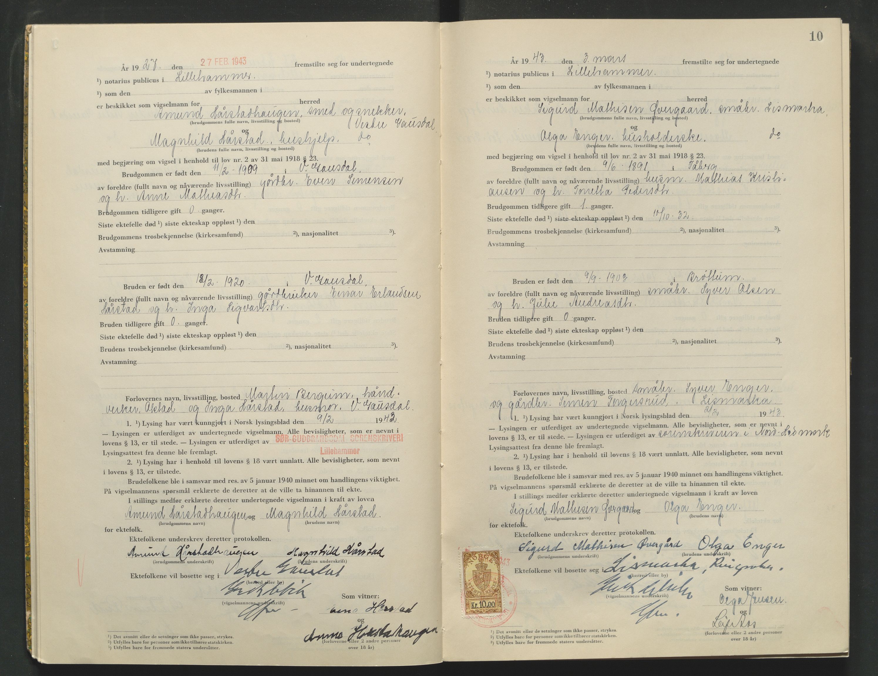 Sør-Gudbrandsdal tingrett, AV/SAH-TING-004/L/Lc/L0003: Vigselsprotokoll, 1943, s. 10
