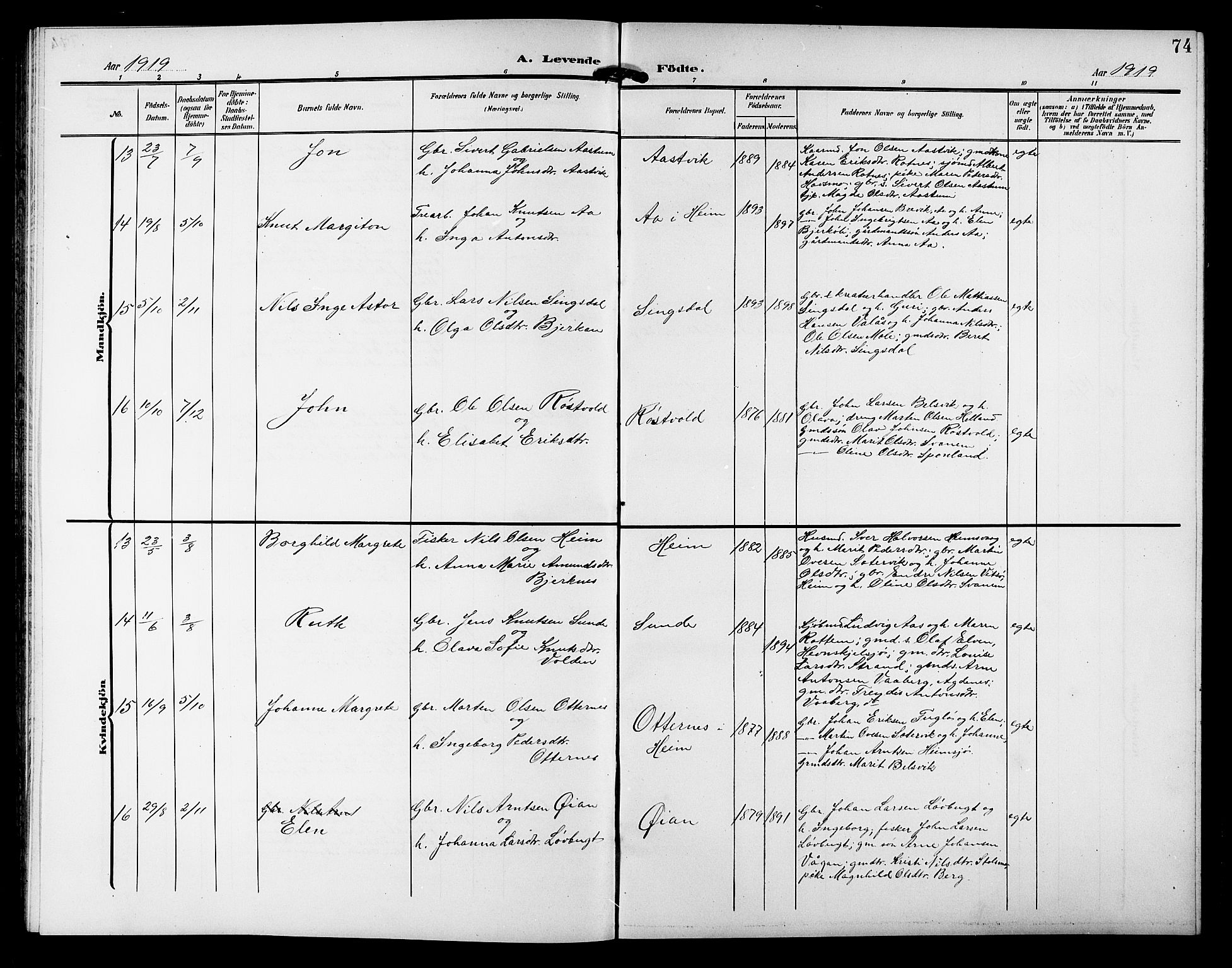 Ministerialprotokoller, klokkerbøker og fødselsregistre - Sør-Trøndelag, AV/SAT-A-1456/633/L0520: Klokkerbok nr. 633C02, 1906-1921, s. 74