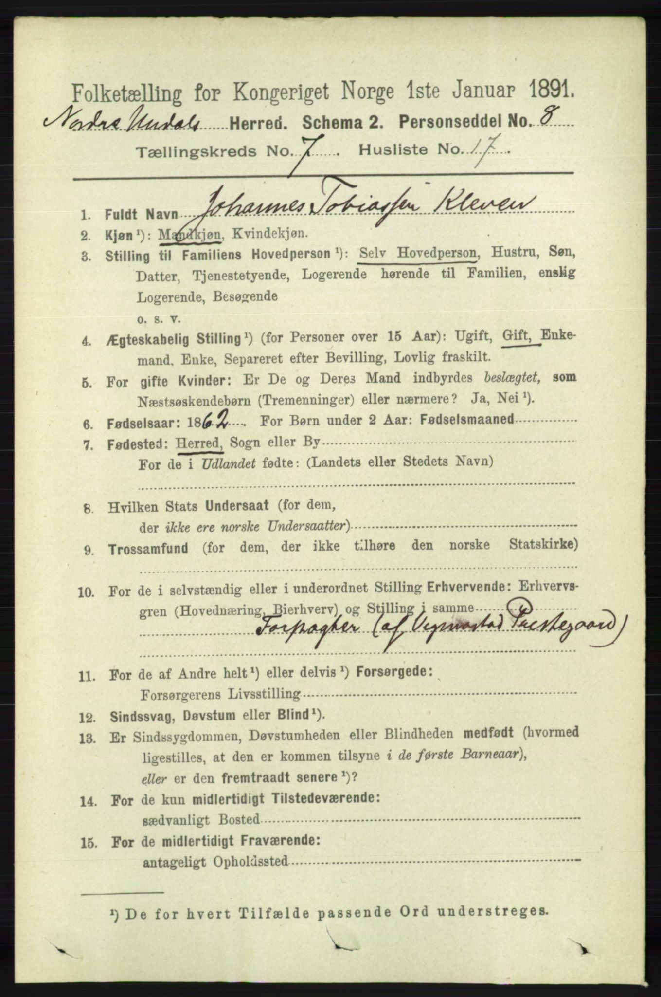 RA, Folketelling 1891 for 1028 Nord-Audnedal herred, 1891, s. 1891