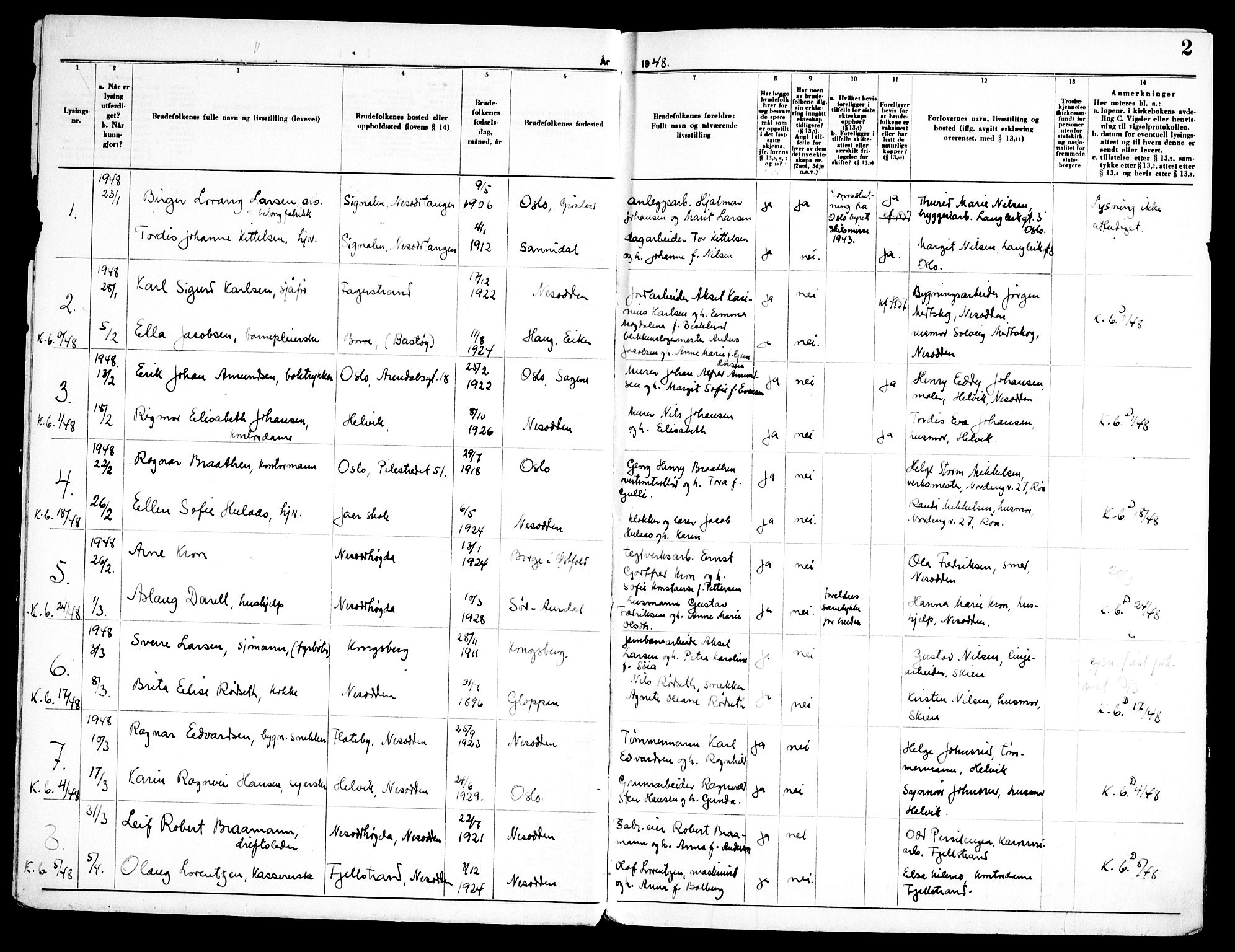 Nesodden prestekontor Kirkebøker, AV/SAO-A-10013/H/Ha/L0002: Lysningsprotokoll nr. 2, 1948-1973, s. 2