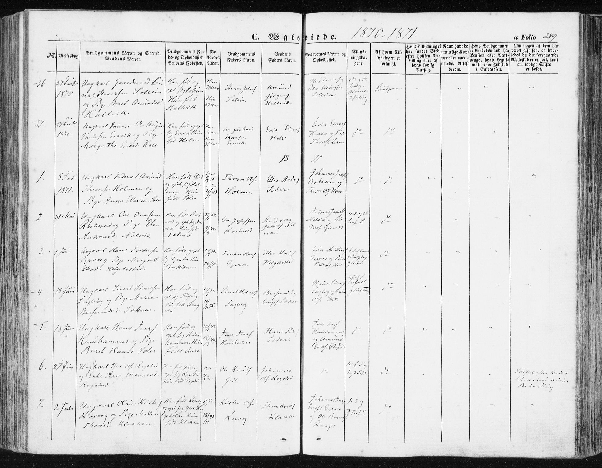 Ministerialprotokoller, klokkerbøker og fødselsregistre - Møre og Romsdal, AV/SAT-A-1454/581/L0937: Ministerialbok nr. 581A05, 1853-1872, s. 289