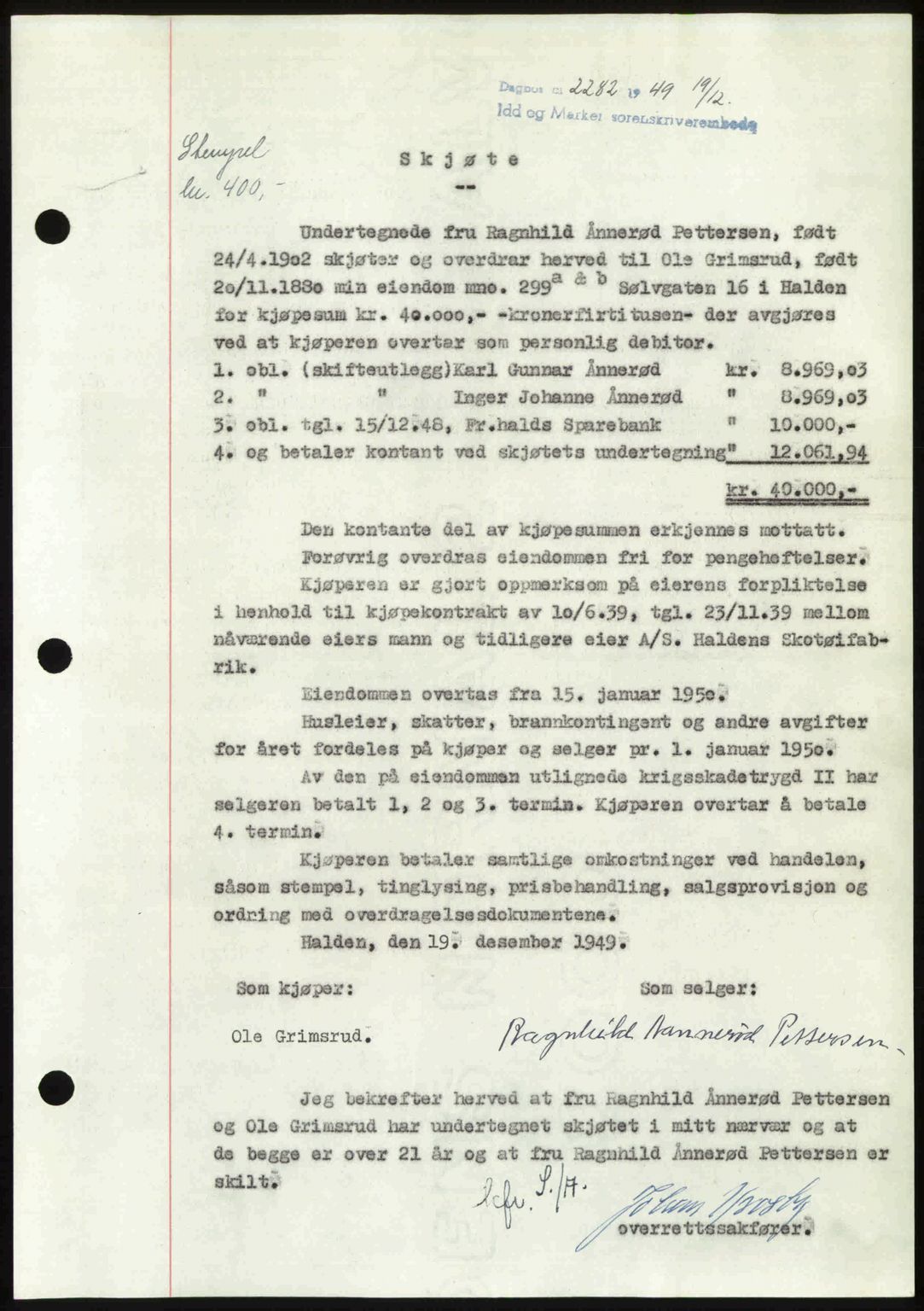 Idd og Marker sorenskriveri, SAO/A-10283/G/Gb/Gbb/L0013: Pantebok nr. A13, 1949-1950, Dagboknr: 2282/1949