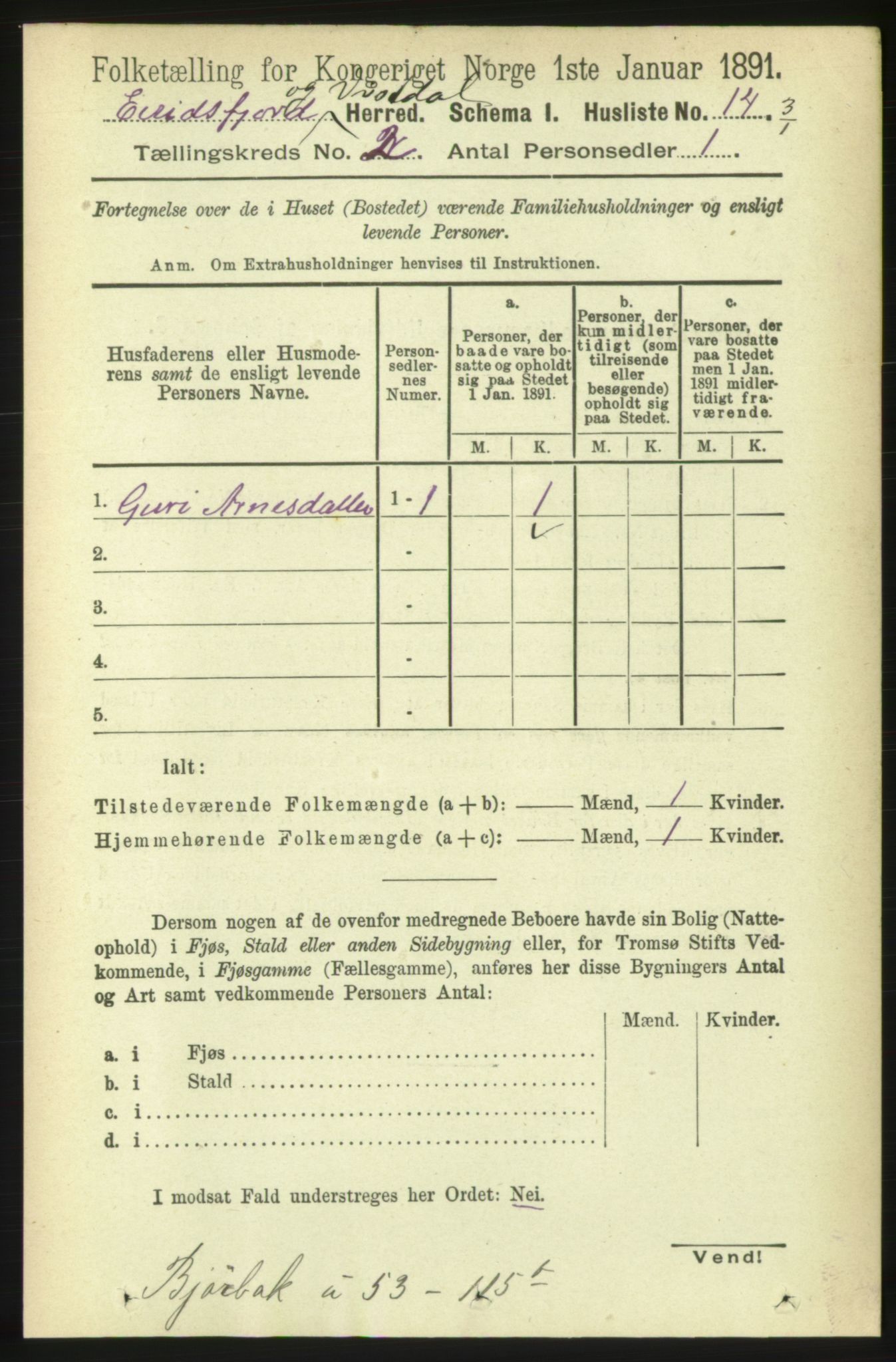 RA, Folketelling 1891 for 1542 Eresfjord og Vistdal herred, 1891, s. 322