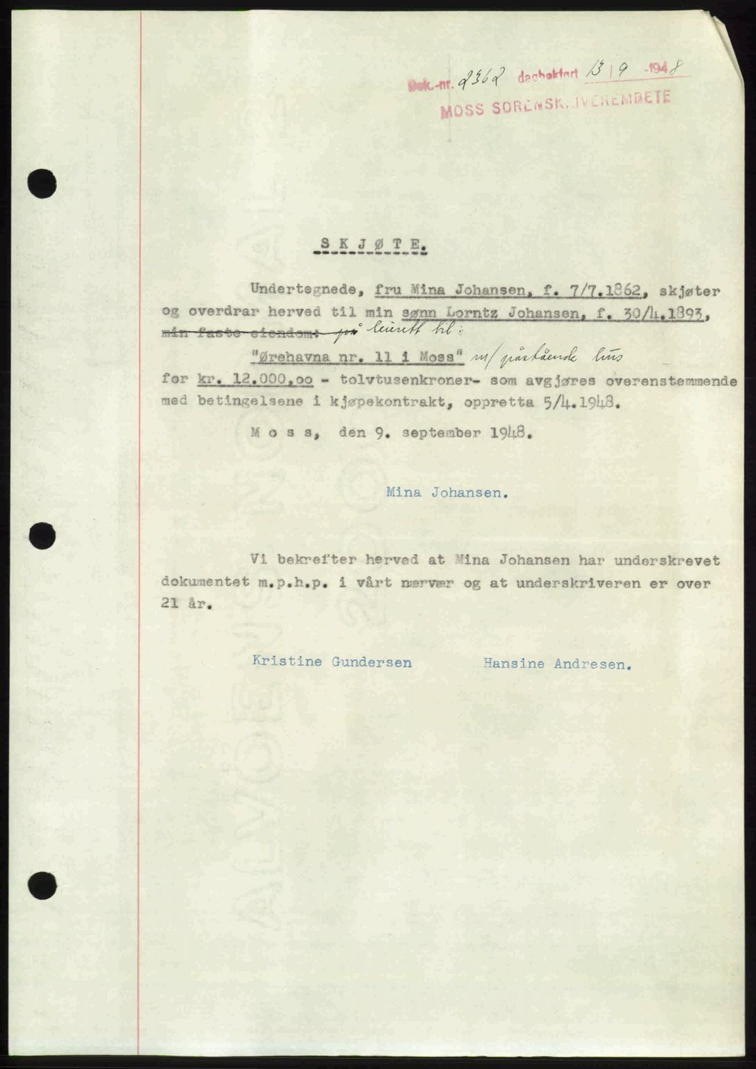 Moss sorenskriveri, SAO/A-10168: Pantebok nr. A20, 1948-1948, Dagboknr: 2362/1948