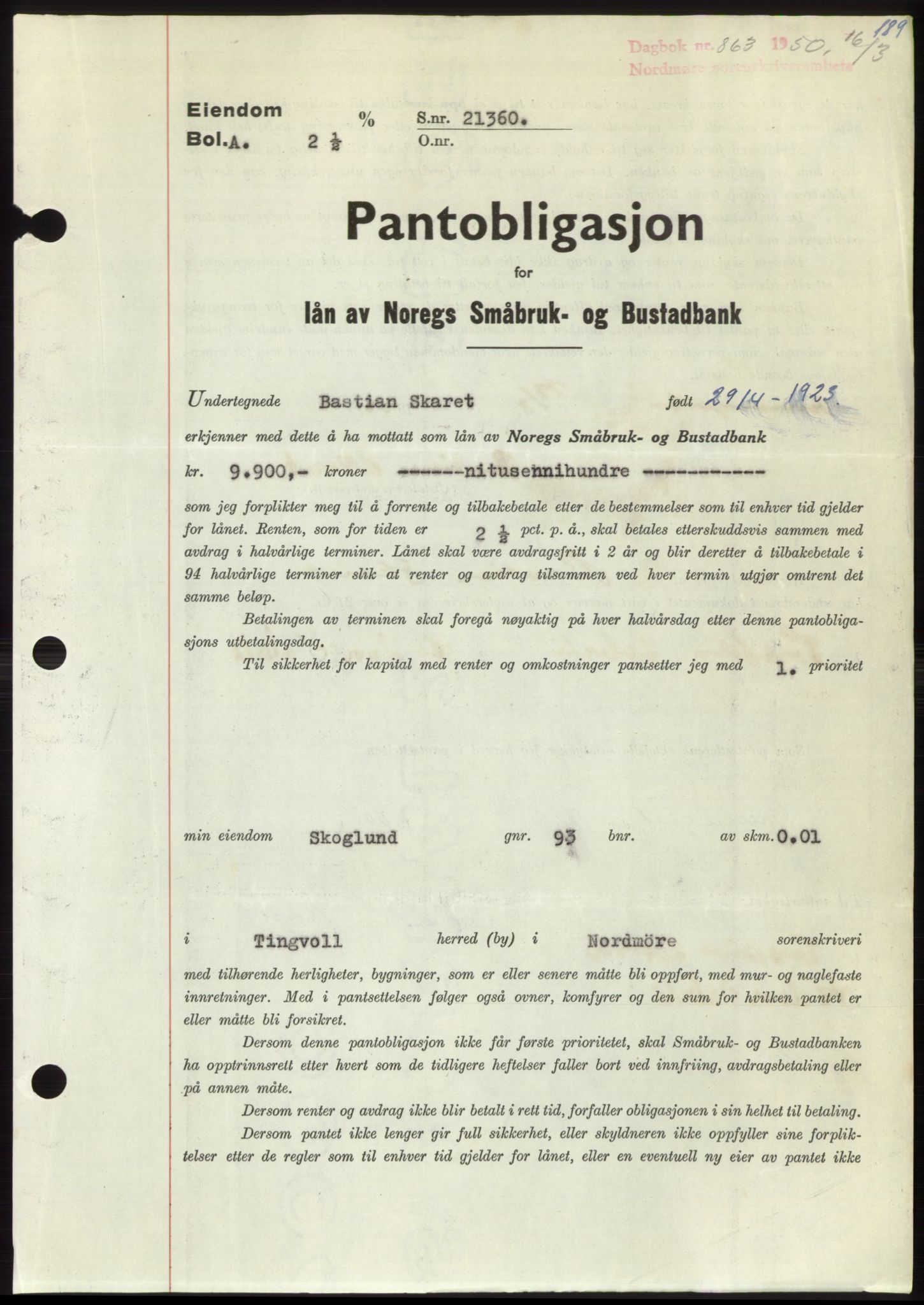 Nordmøre sorenskriveri, SAT/A-4132/1/2/2Ca: Pantebok nr. B104, 1950-1950, Dagboknr: 863/1950