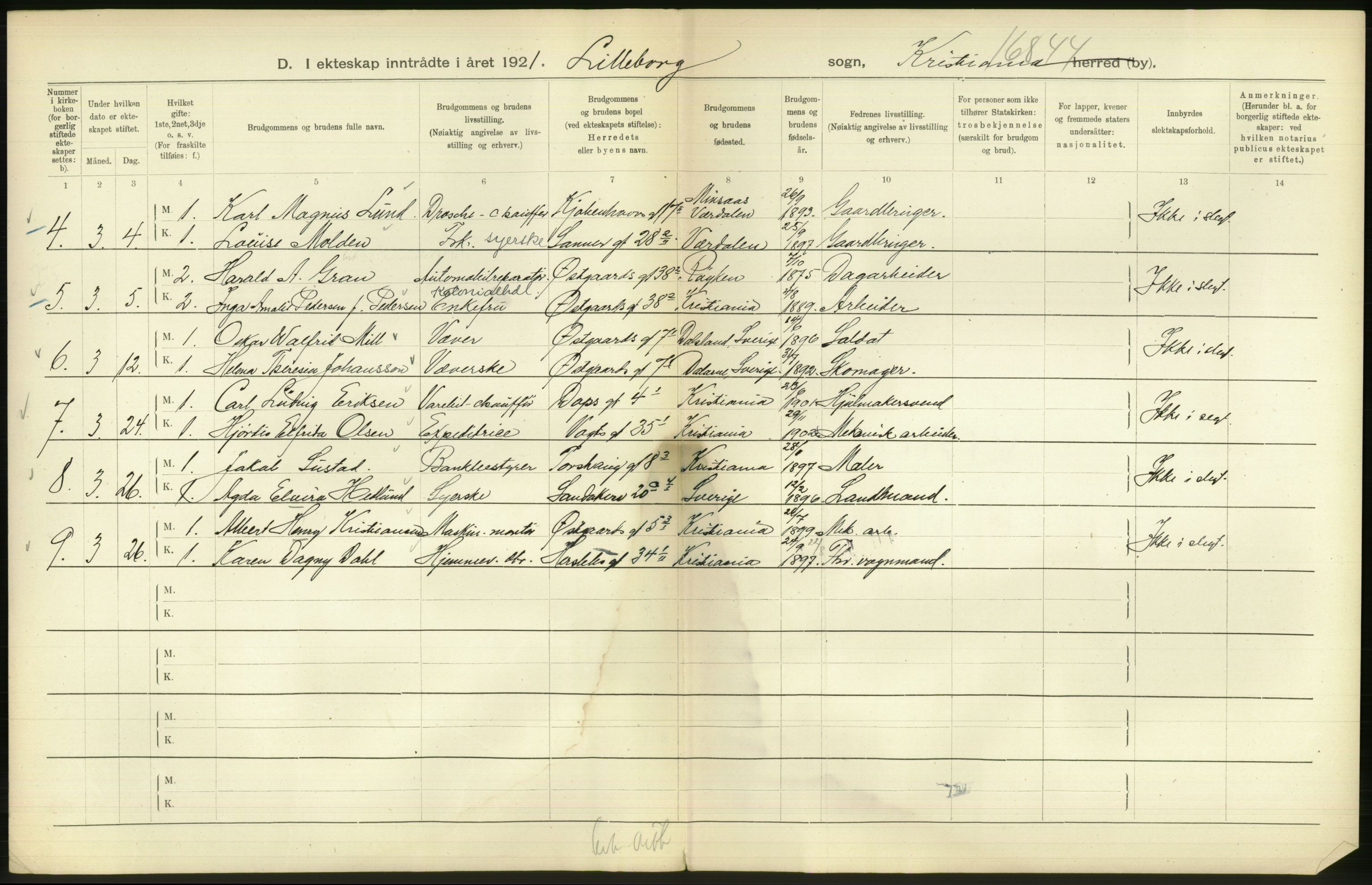 Statistisk sentralbyrå, Sosiodemografiske emner, Befolkning, AV/RA-S-2228/D/Df/Dfc/Dfca/L0011: Kristiania: Gifte, 1921, s. 418