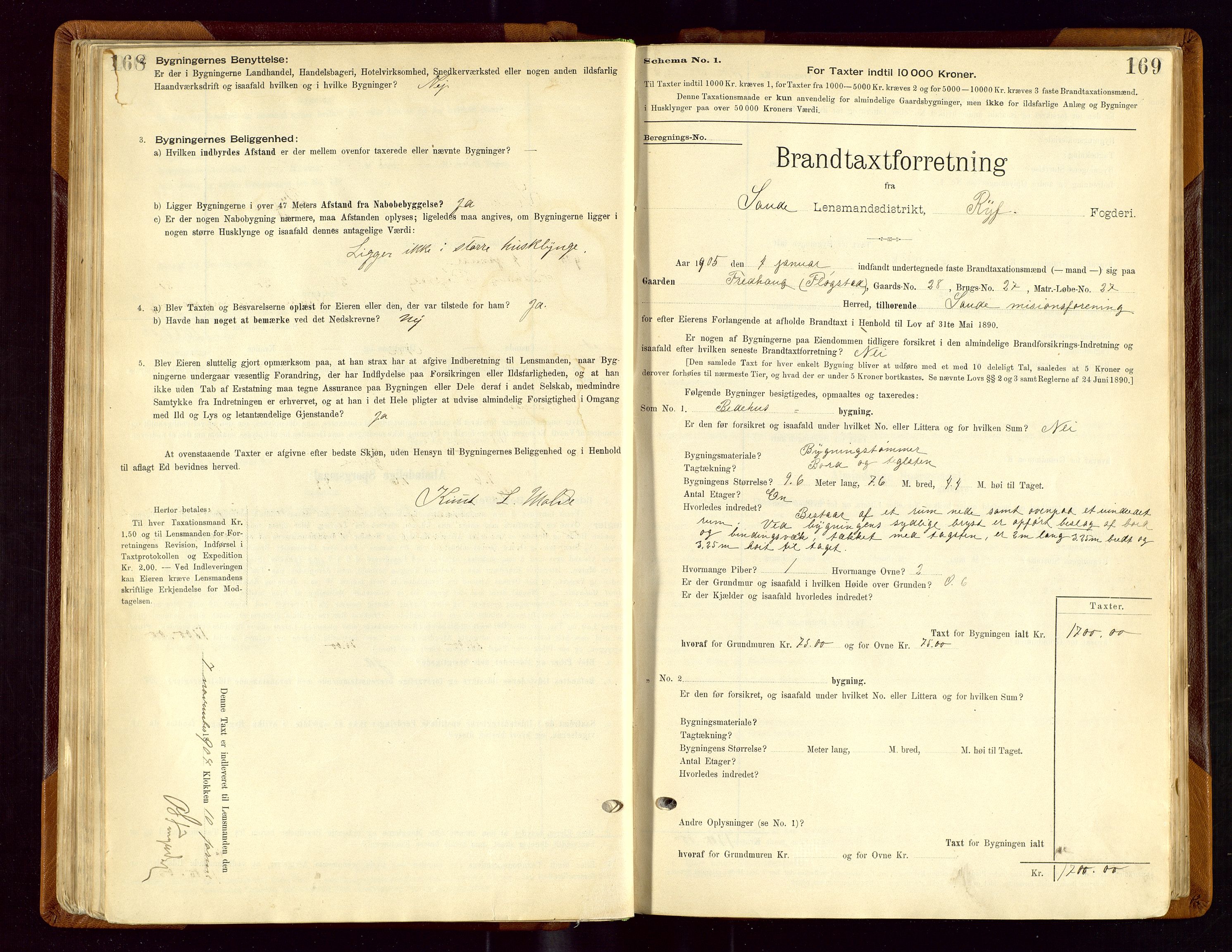 Sauda lensmannskontor, AV/SAST-A-100177/Gob/L0001: Branntakstprotokoll - skjematakst, 1894-1914, s. 168-169