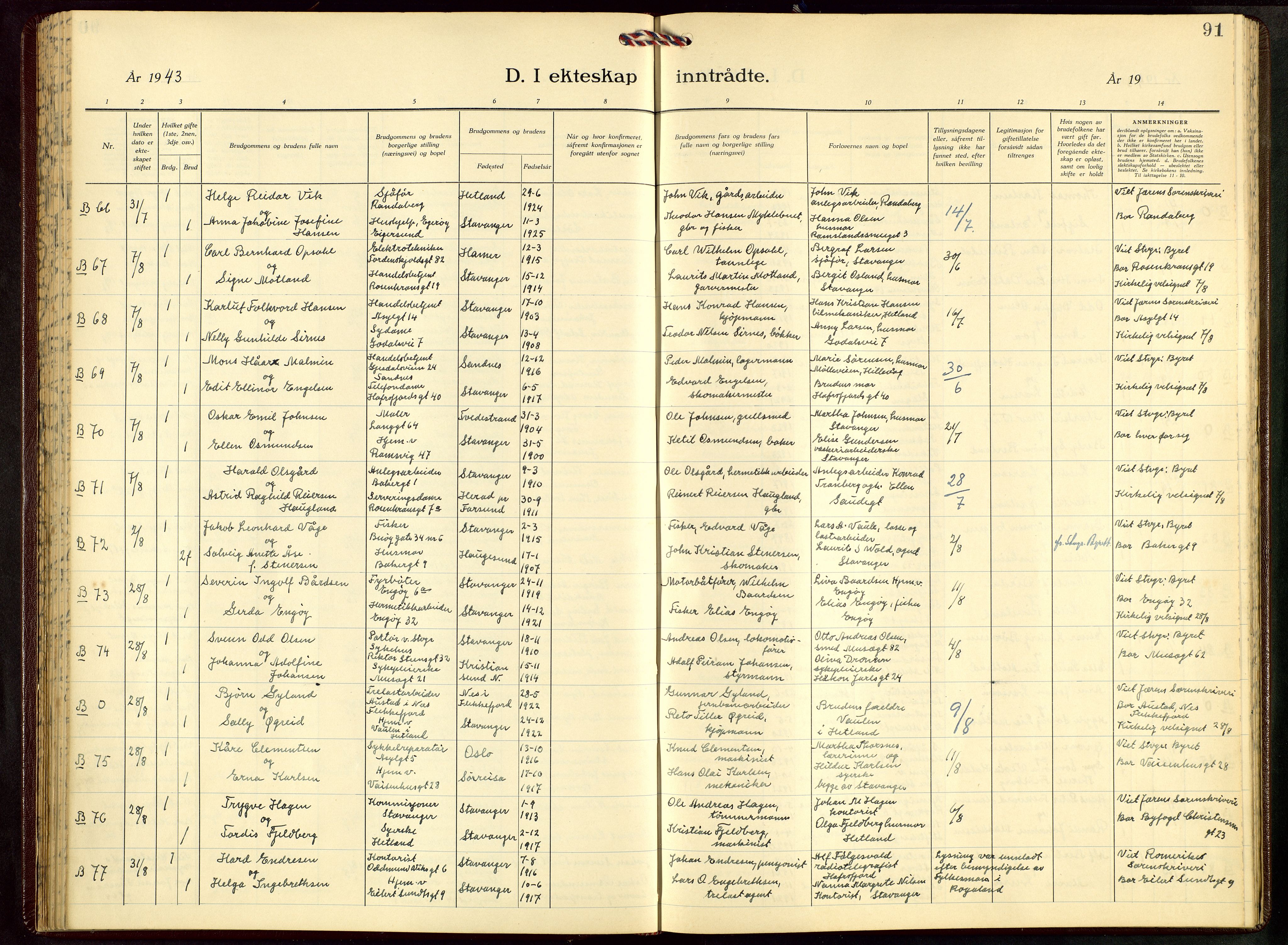 St. Petri sokneprestkontor, AV/SAST-A-101813/001/30/30BB/L0012: Klokkerbok nr. B 12, 1936-1951, s. 91