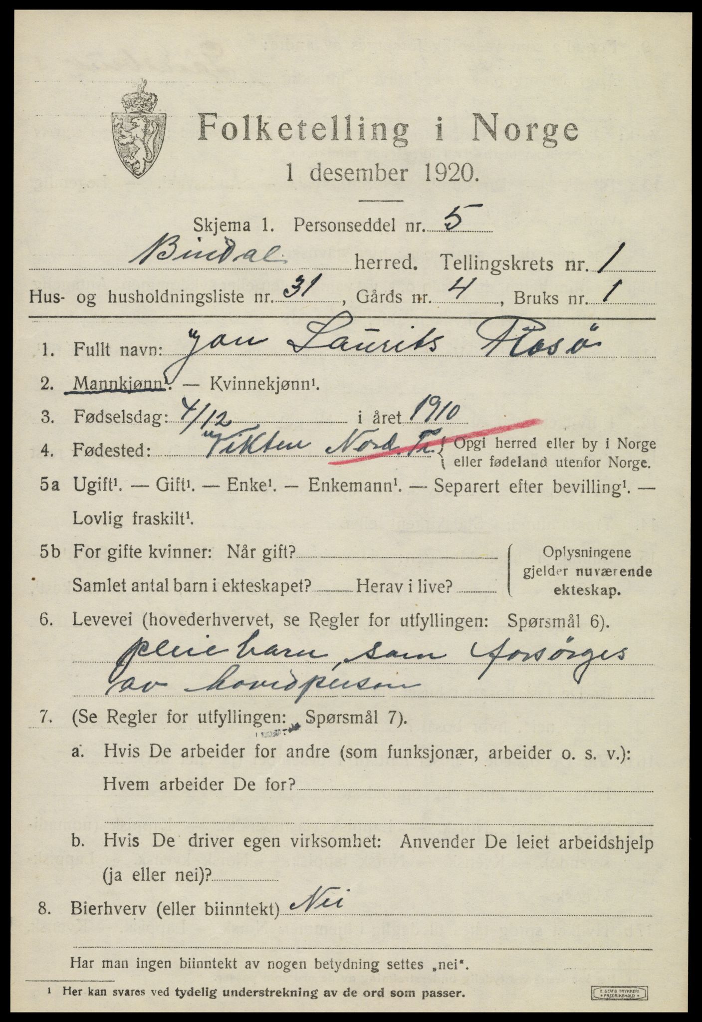 SAT, Folketelling 1920 for 1811 Bindal herred, 1920, s. 1317