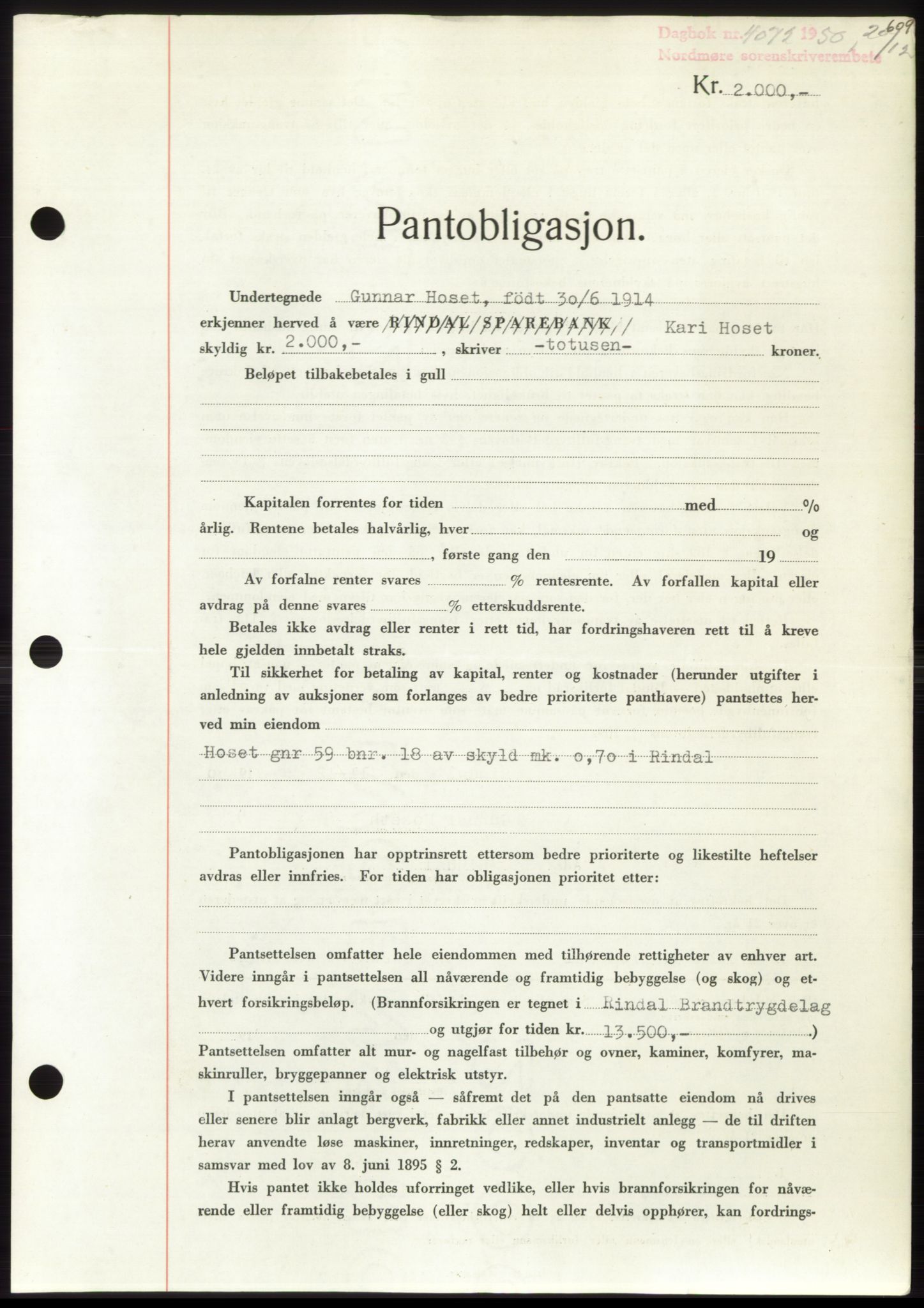 Nordmøre sorenskriveri, SAT/A-4132/1/2/2Ca: Pantebok nr. B106, 1950-1950, Dagboknr: 4072/1950
