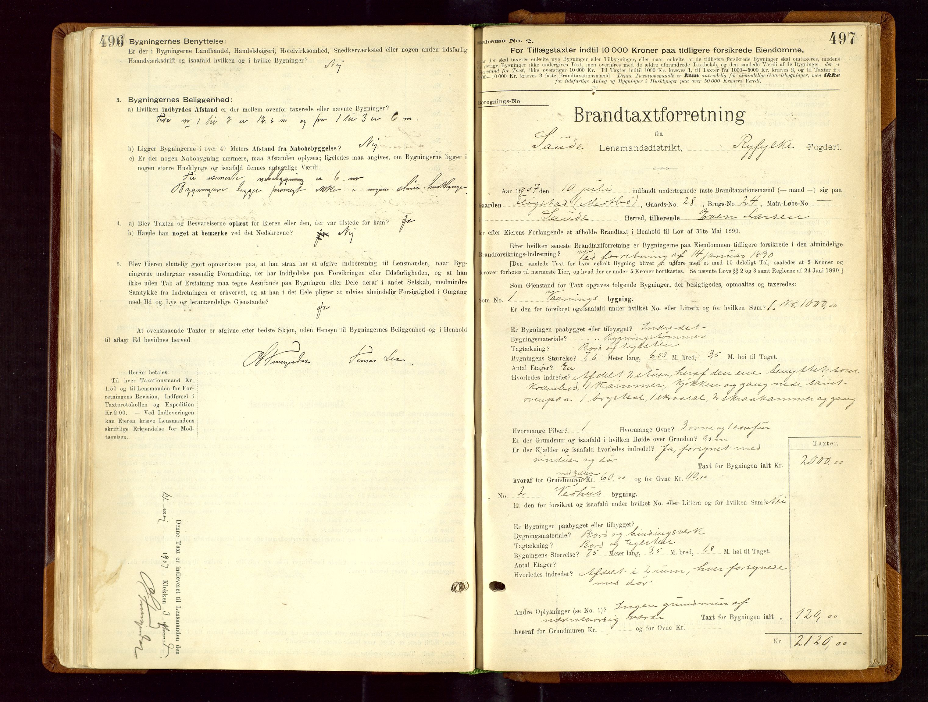 Sauda lensmannskontor, SAST/A-100177/Gob/L0001: Branntakstprotokoll - skjematakst, 1894-1914, s. 496-497