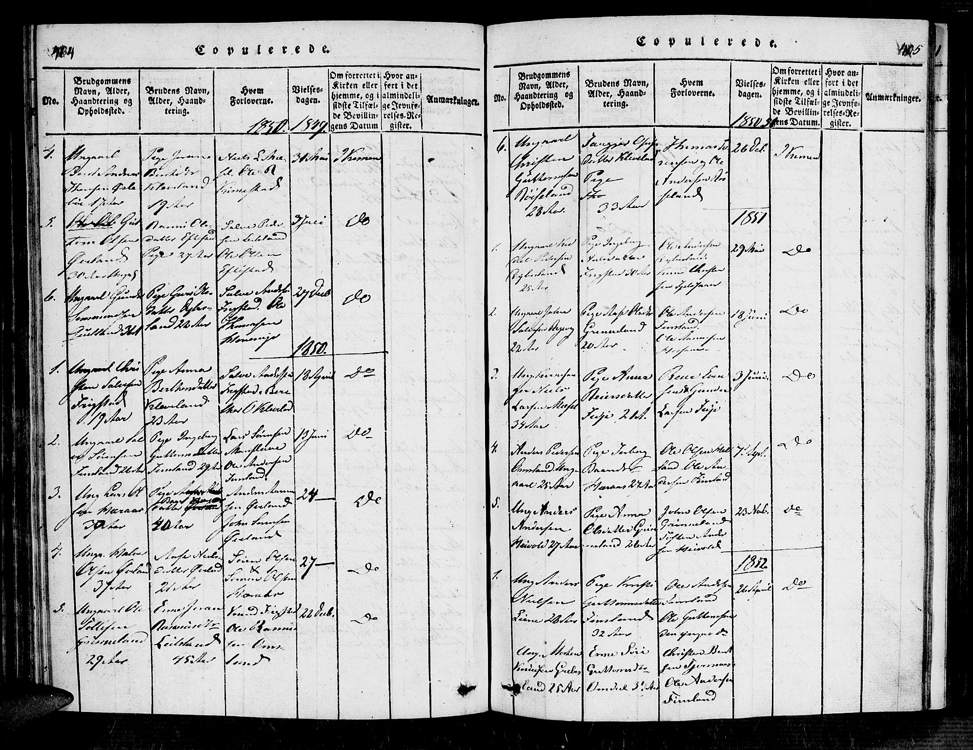 Bjelland sokneprestkontor, SAK/1111-0005/F/Fa/Fab/L0002: Ministerialbok nr. A 2, 1816-1869, s. 404-405