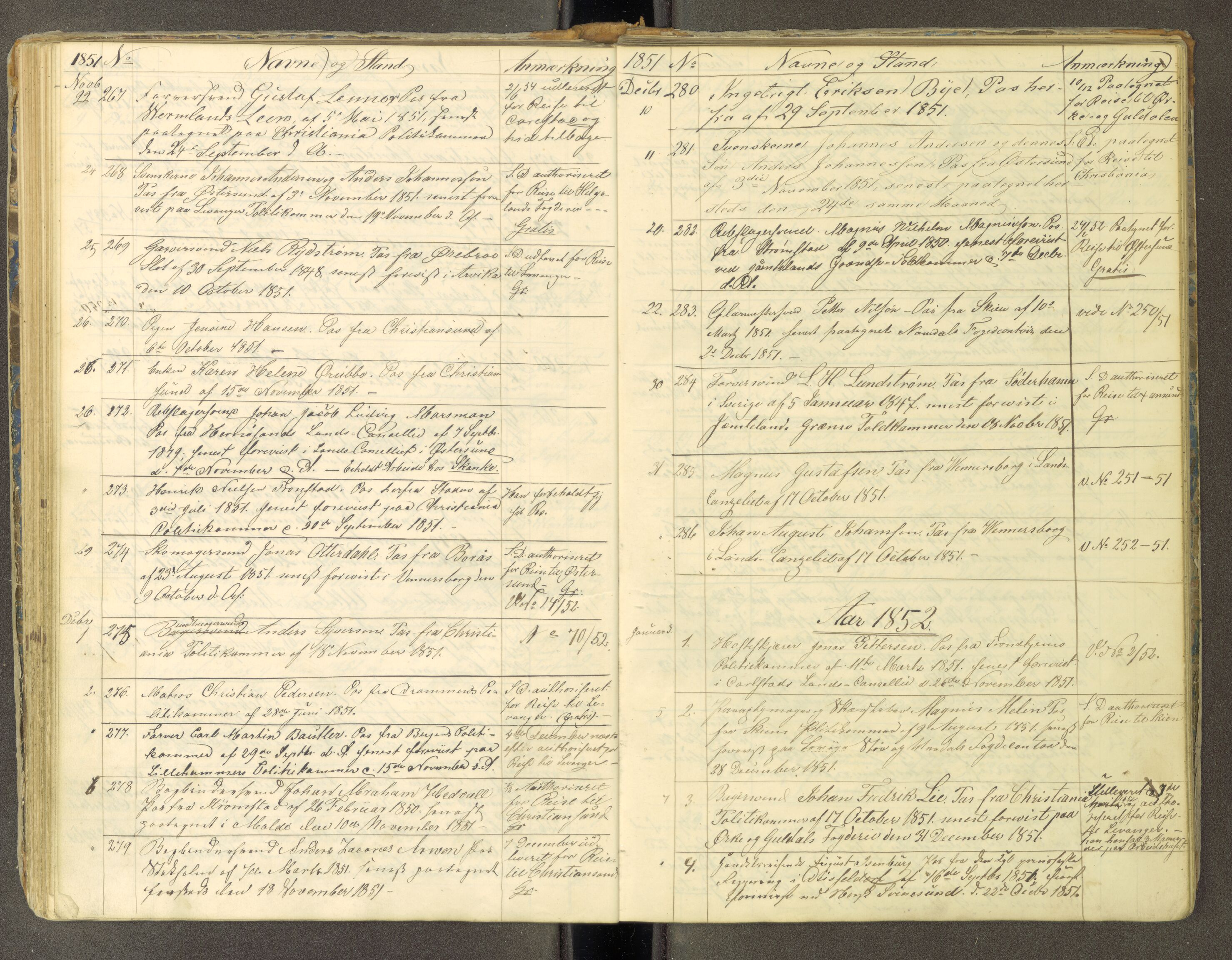 Trondheim politikammer, AV/SAT-A-1887/1/30/L0010: Passprotokoll. Utstedte pass 1850-1855. Innleverte pass 1850-1860, 1850-1860