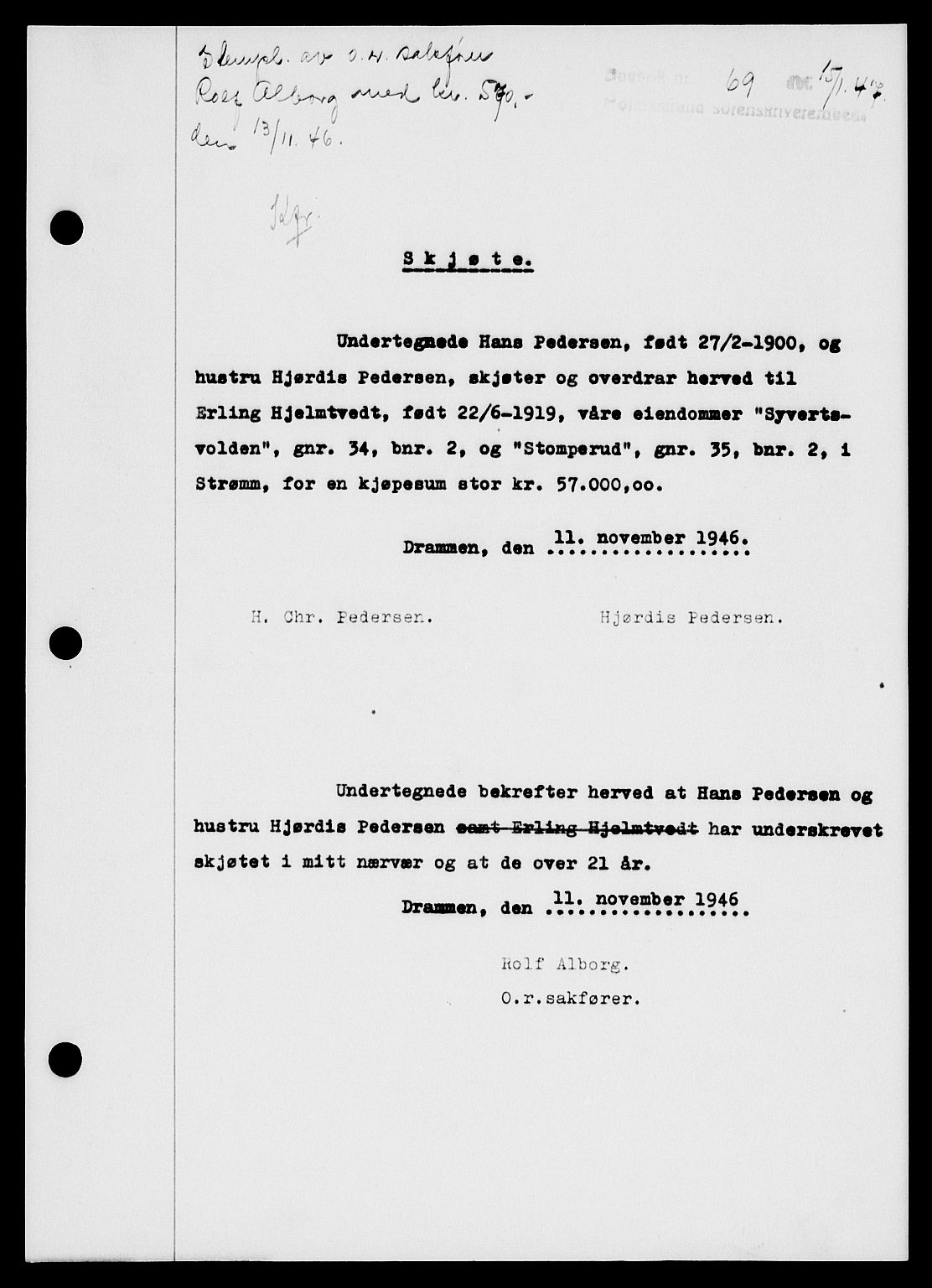 Holmestrand sorenskriveri, SAKO/A-67/G/Ga/Gaa/L0061: Pantebok nr. A-61, 1946-1947, Dagboknr: 69/1947