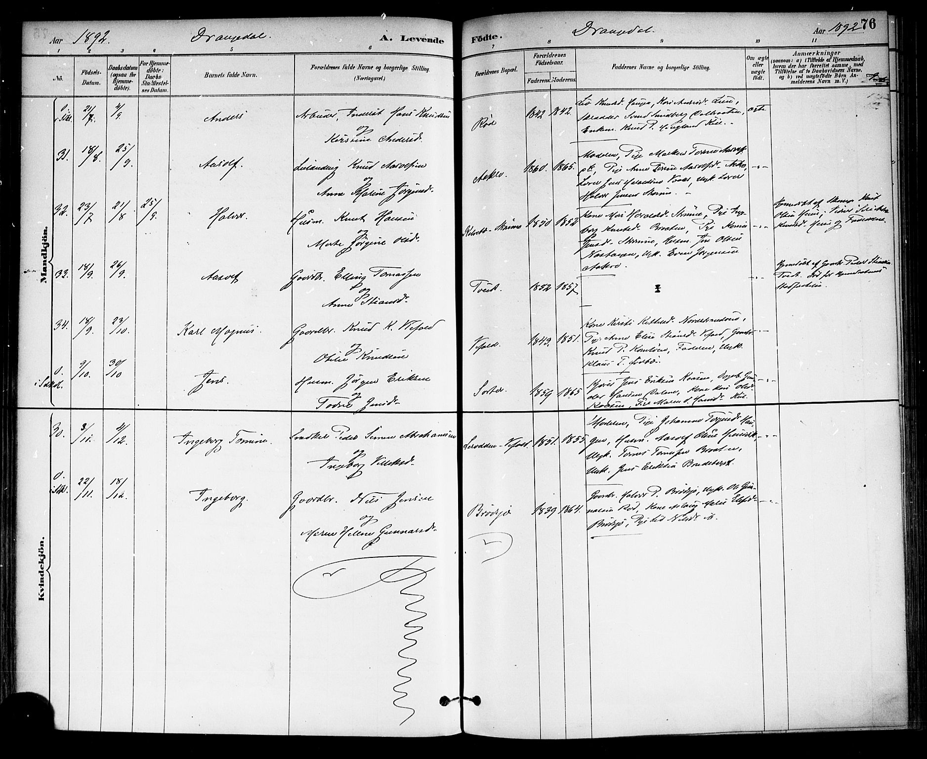 Drangedal kirkebøker, SAKO/A-258/F/Fa/L0010: Ministerialbok nr. 10 /1, 1885-1894, s. 76