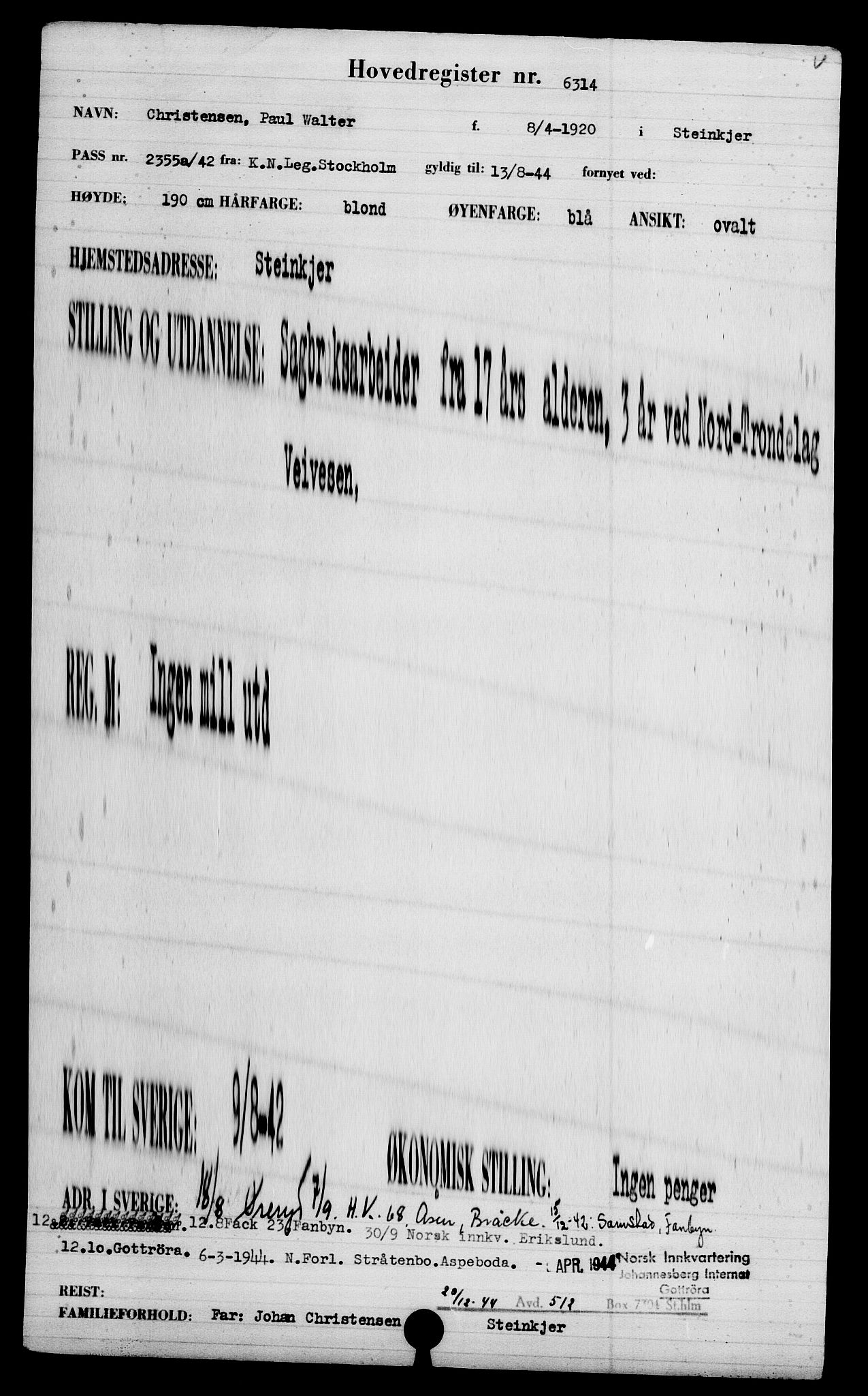 Utenriksstasjonene, Legasjonen i Stockholm, Flyktningkontoret, AV/RA-S-6753/V/Va/L0004: Kjesäterkartoteket, flyktninger med registreringsnr. 3496-6610, 1940-1945, s. 3325
