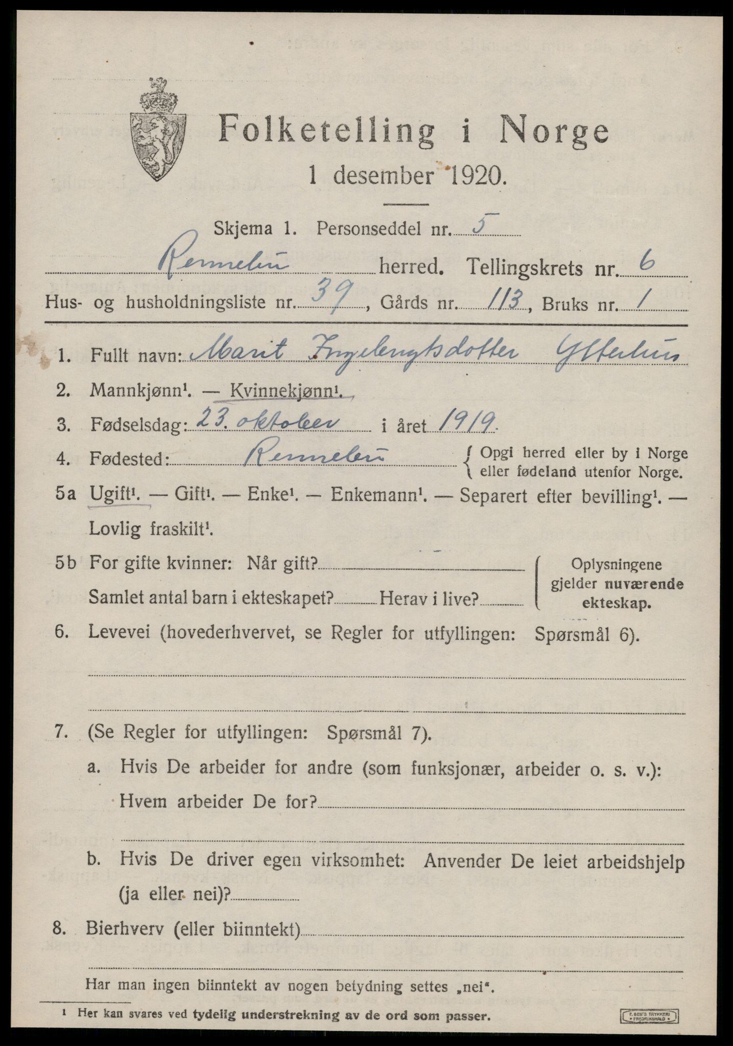 SAT, Folketelling 1920 for 1635 Rennebu herred, 1920, s. 4882