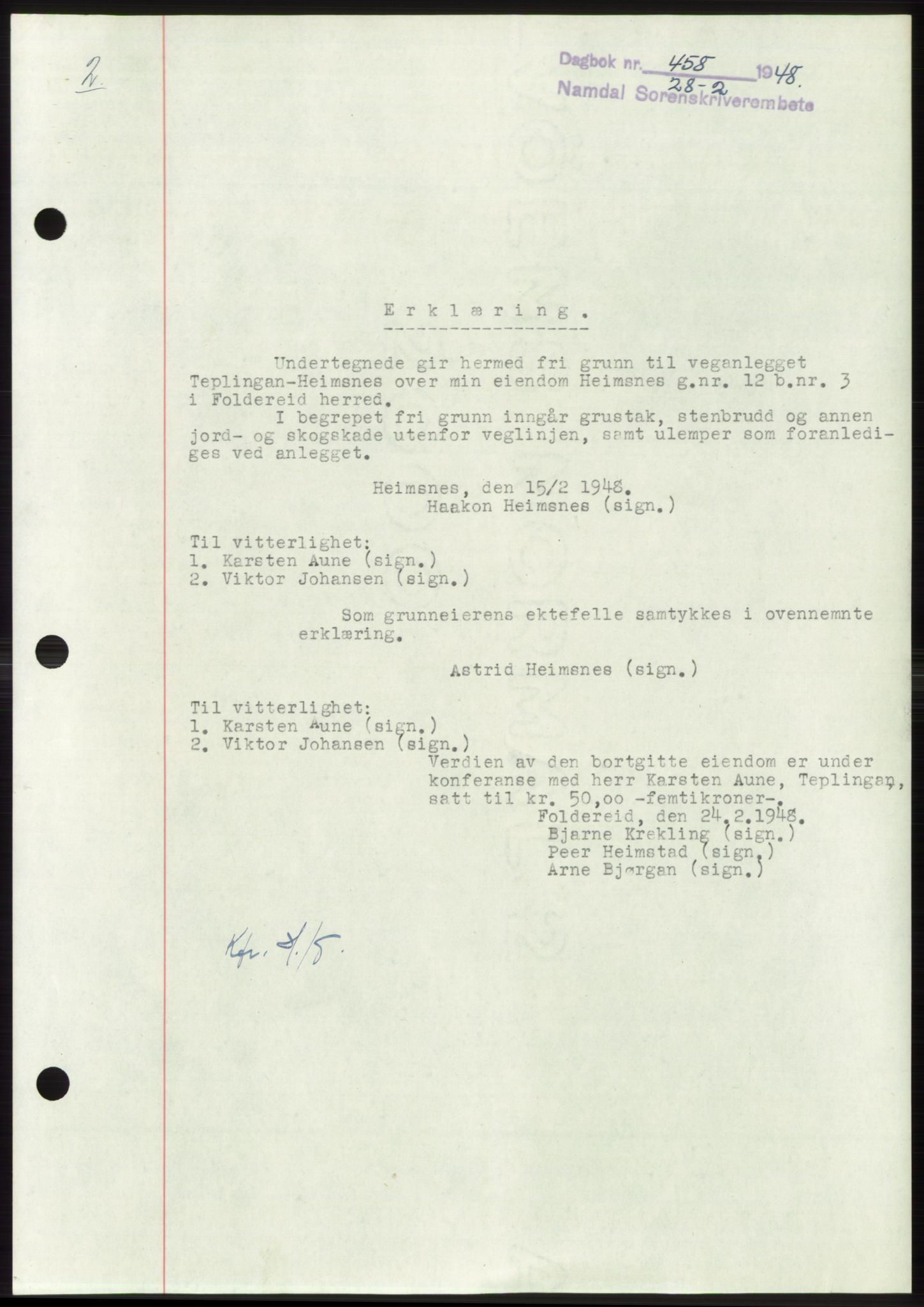 Namdal sorenskriveri, SAT/A-4133/1/2/2C: Pantebok nr. -, 1947-1948, Dagboknr: 458/1948