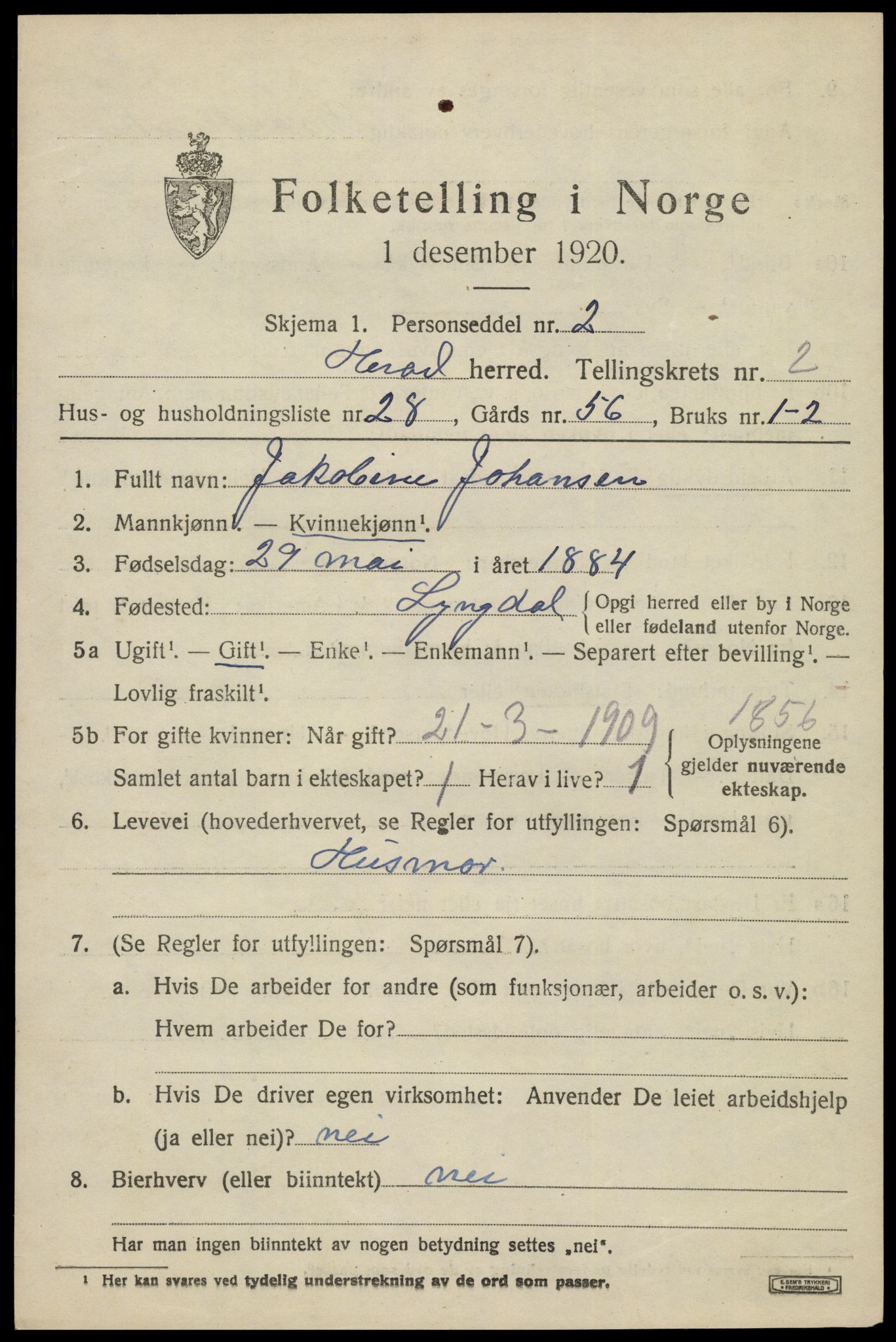 SAK, Folketelling 1920 for 1039 Herad herred, 1920, s. 1326
