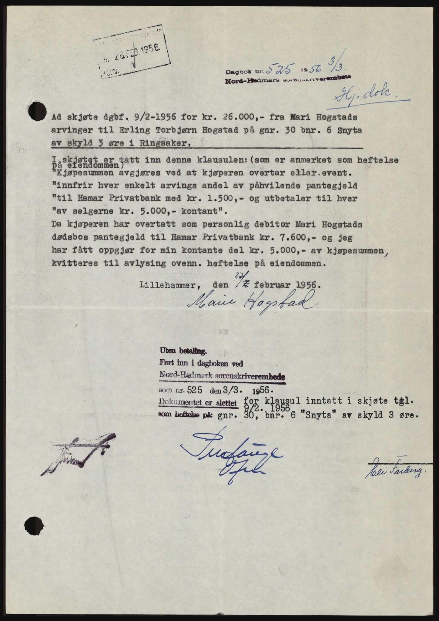 Nord-Hedmark sorenskriveri, SAH/TING-012/H/Hc/L0010: Pantebok nr. 10, 1955-1956, Dagboknr: 525/1956