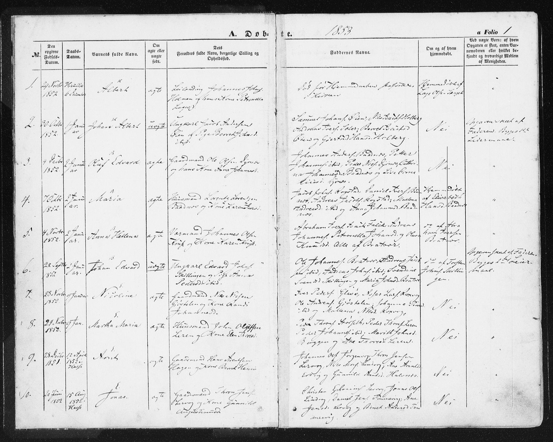 Ministerialprotokoller, klokkerbøker og fødselsregistre - Møre og Romsdal, AV/SAT-A-1454/581/L0937: Ministerialbok nr. 581A05, 1853-1872, s. 1