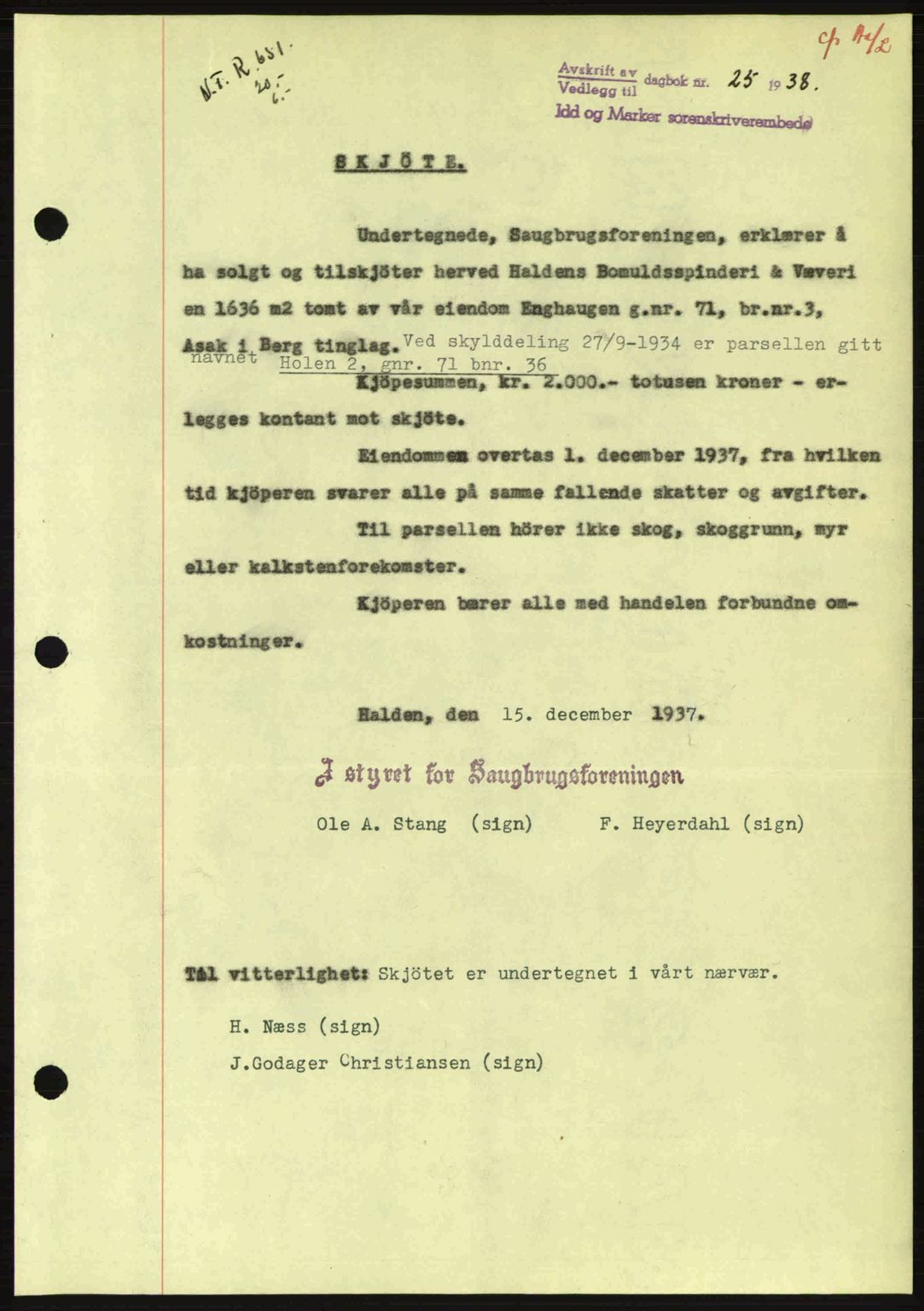 Idd og Marker sorenskriveri, AV/SAO-A-10283/G/Gb/Gbb/L0002: Pantebok nr. A2, 1937-1938, Dagboknr: 25/1938