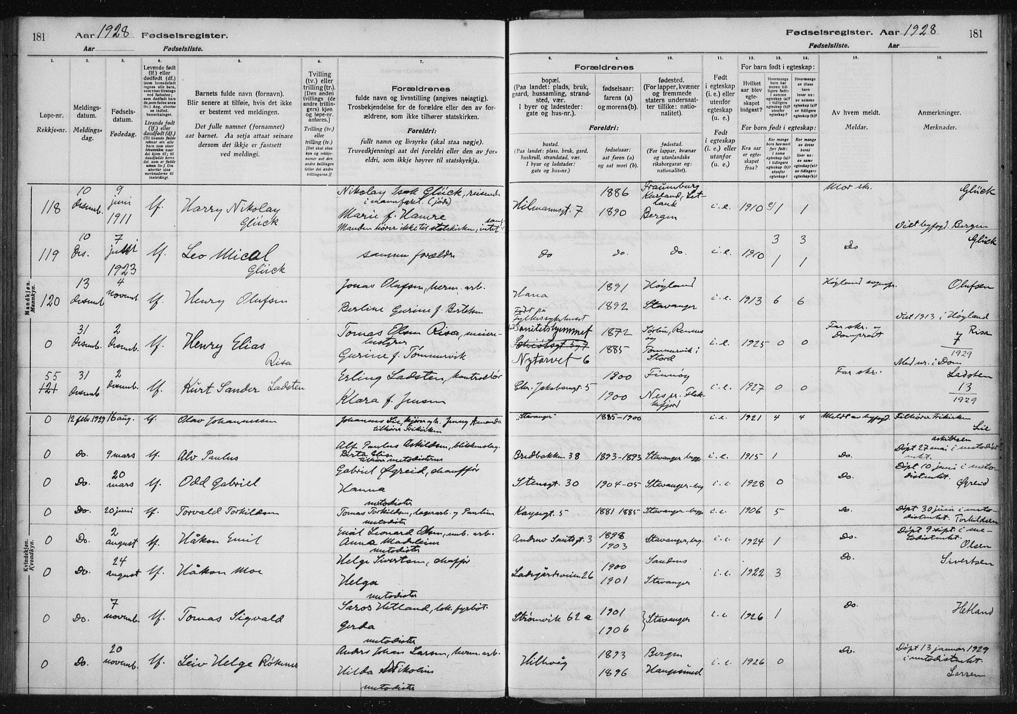 St. Petri sokneprestkontor, AV/SAST-A-101813/002/A/L0002: Fødselsregister nr. 2, 1922-1929, s. 181