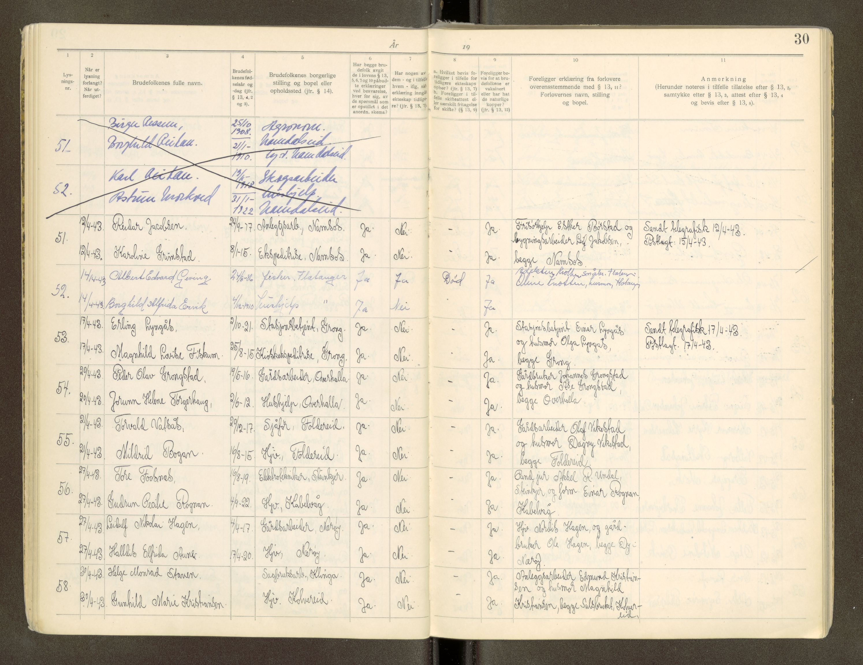 Namdal sorenskriveri, AV/SAT-A-4133/1/6/6D/L0002: Vigselbøker, 1940-1969, s. 30