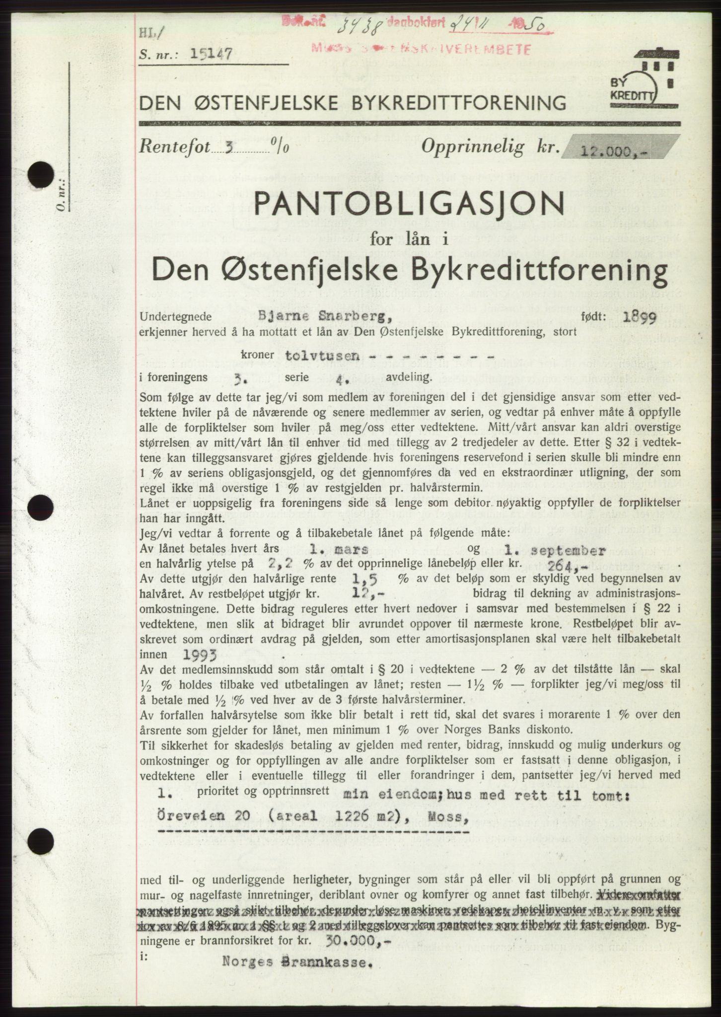 Moss sorenskriveri, SAO/A-10168: Pantebok nr. B25, 1950-1950, Dagboknr: 3438/1950