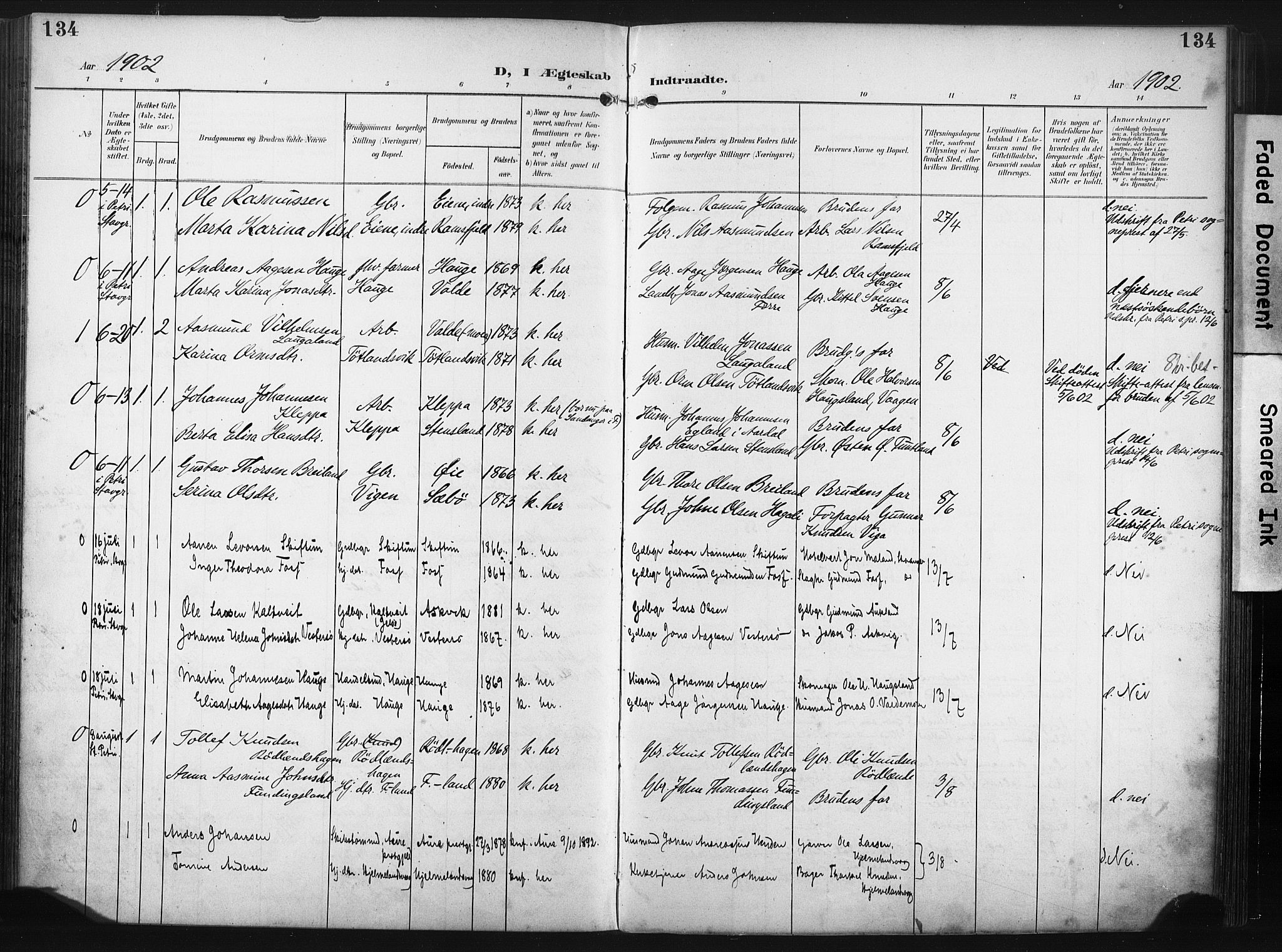 Hjelmeland sokneprestkontor, AV/SAST-A-101843/02/A/L0002: Ministerialbok nr. A 17, 1901-1916, s. 134