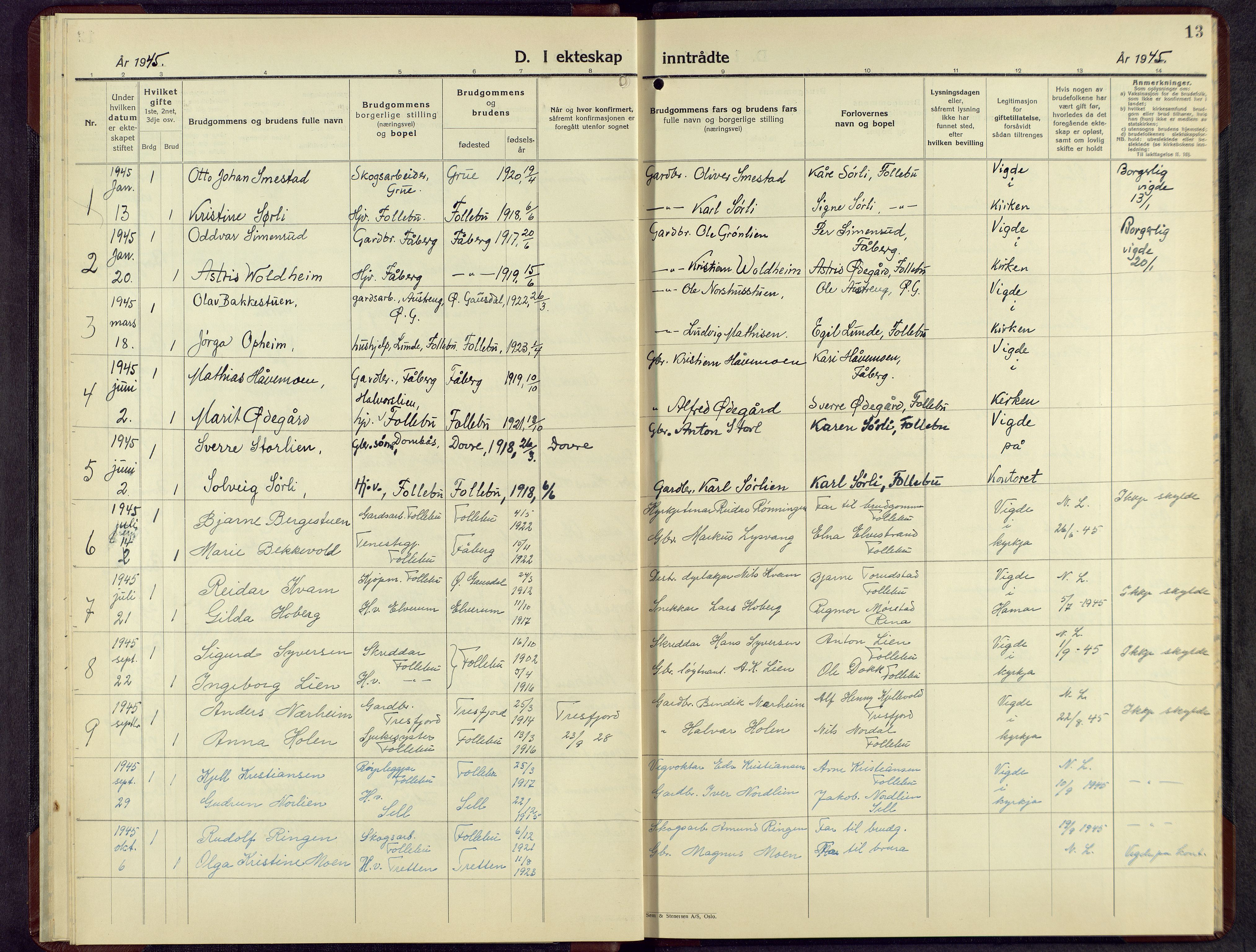 Østre Gausdal prestekontor, AV/SAH-PREST-092/H/Ha/Hab/L0010: Klokkerbok nr. 10, 1936-1962, s. 13
