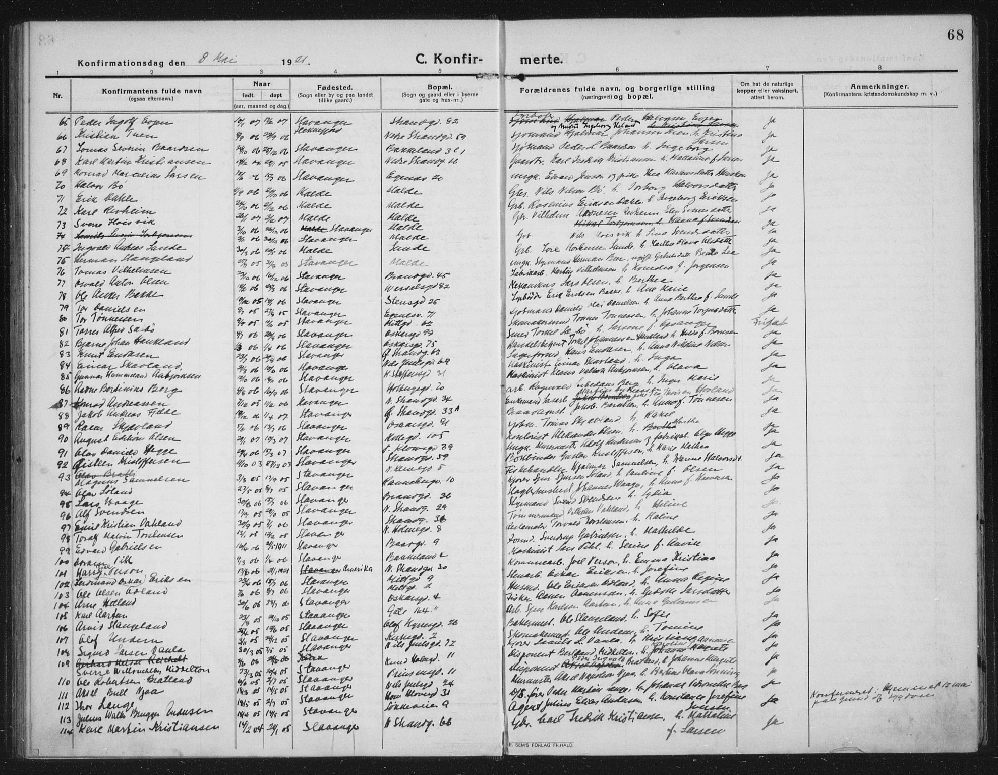 Domkirken sokneprestkontor, AV/SAST-A-101812/002/A/L0019: Ministerialbok nr. A 35, 1916-1932, s. 68