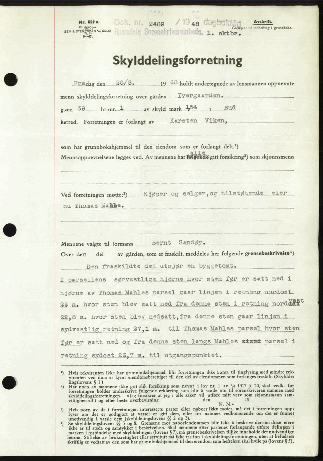 Romsdal sorenskriveri, SAT/A-4149/1/2/2C: Pantebok nr. A27, 1948-1948, Dagboknr: 2489/1948