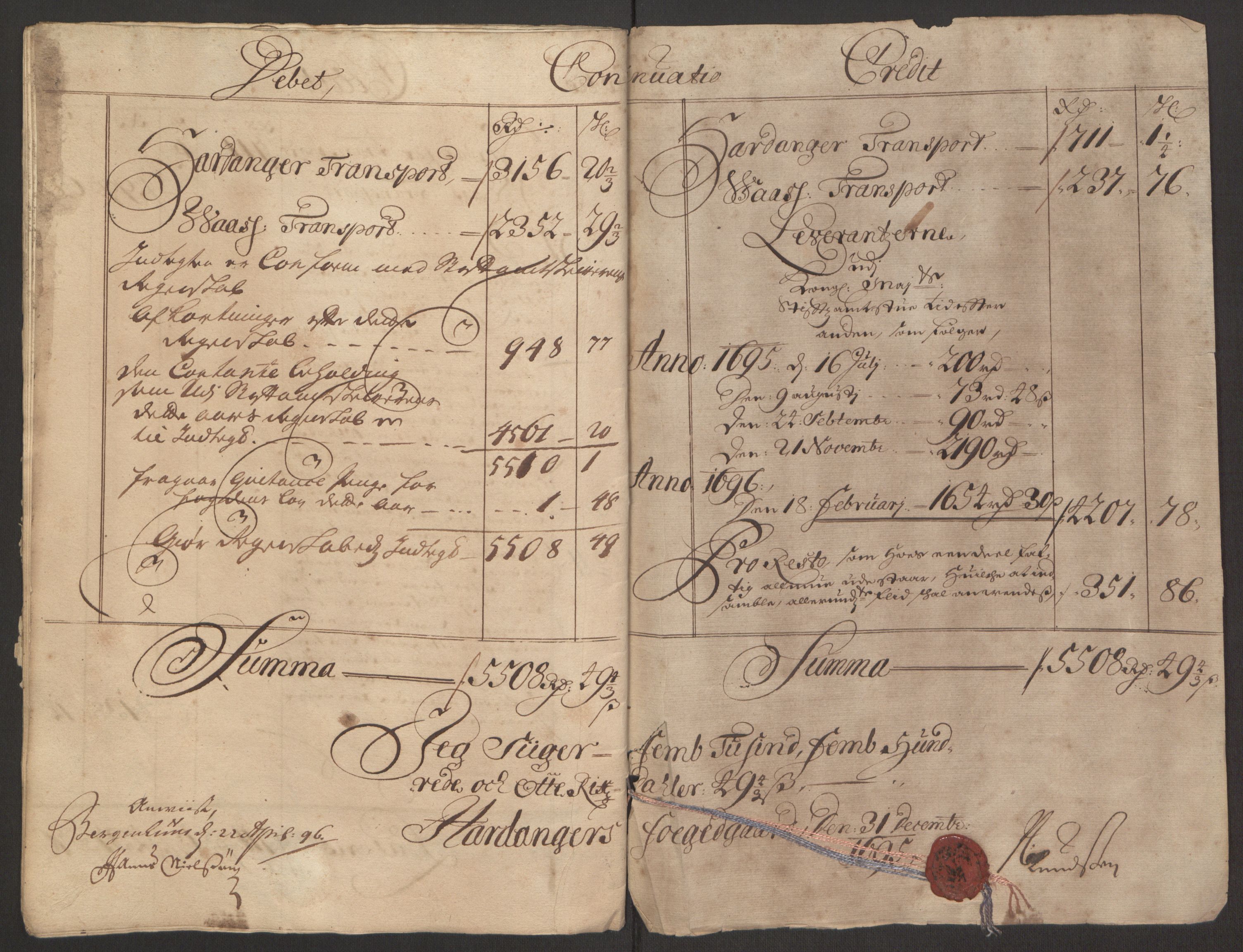 Rentekammeret inntil 1814, Reviderte regnskaper, Fogderegnskap, RA/EA-4092/R48/L2976: Fogderegnskap Sunnhordland og Hardanger, 1695-1696, s. 156
