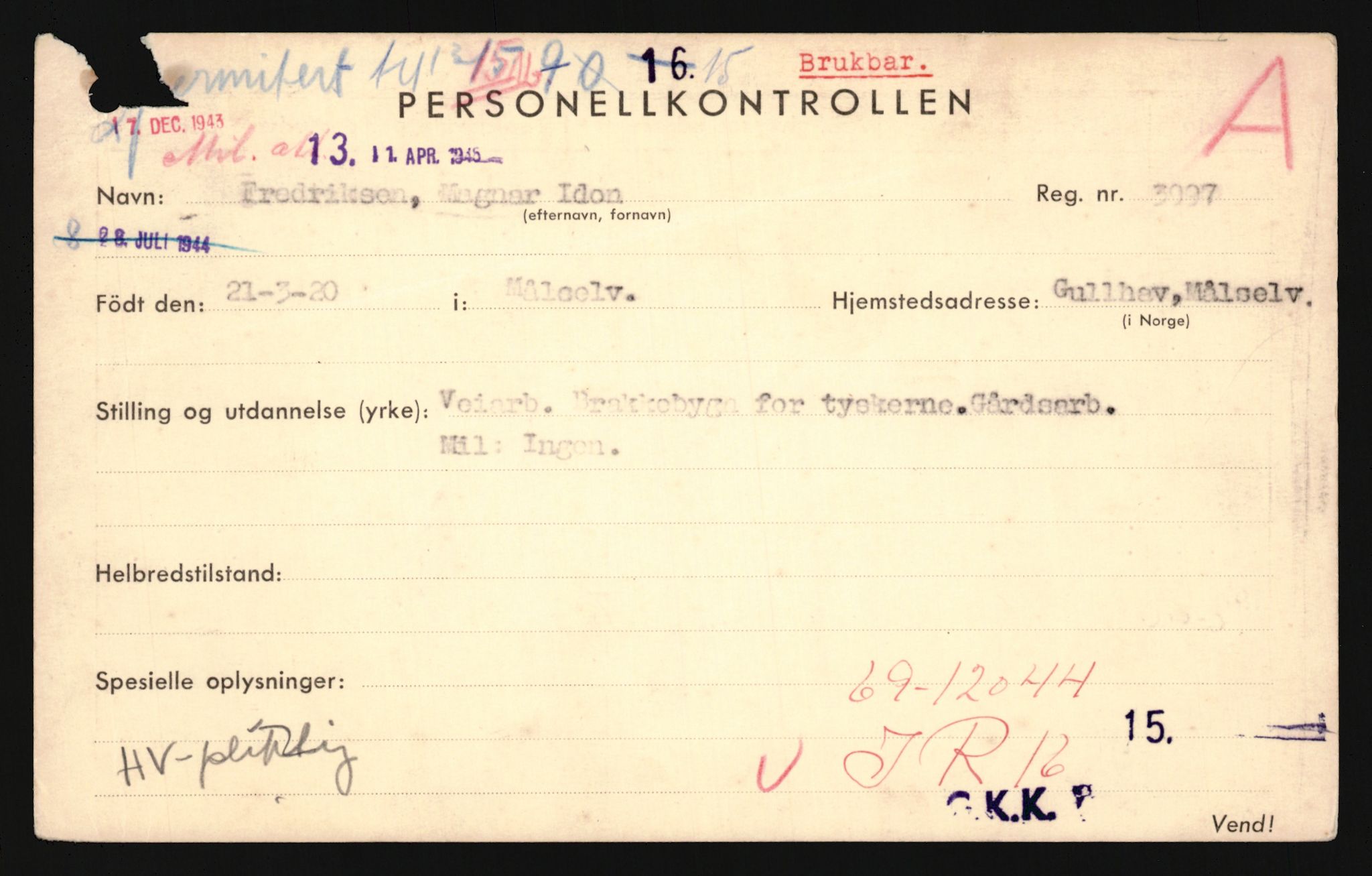 Forsvaret, Troms infanteriregiment nr. 16, AV/RA-RAFA-3146/P/Pa/L0024/0002: Rulleblad / Rulleblad for regimentets menige mannskaper, årsklasse 1941, 1941, s. 70