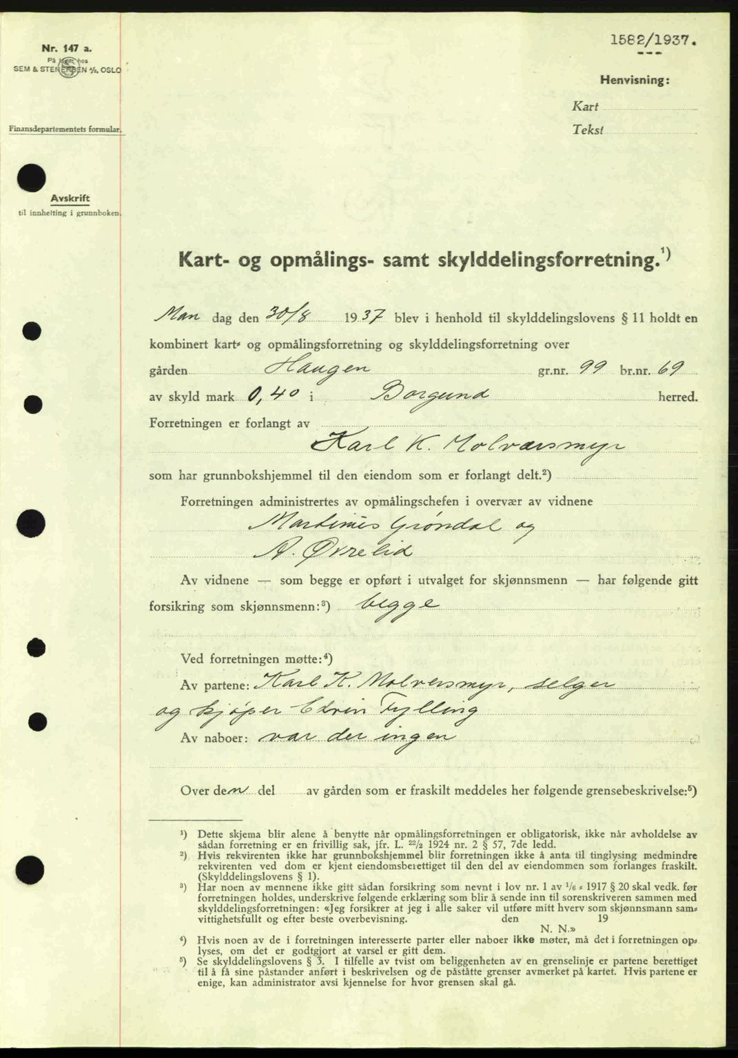 Nordre Sunnmøre sorenskriveri, SAT/A-0006/1/2/2C/2Ca: Pantebok nr. A3, 1937-1937, Dagboknr: 1582/1937