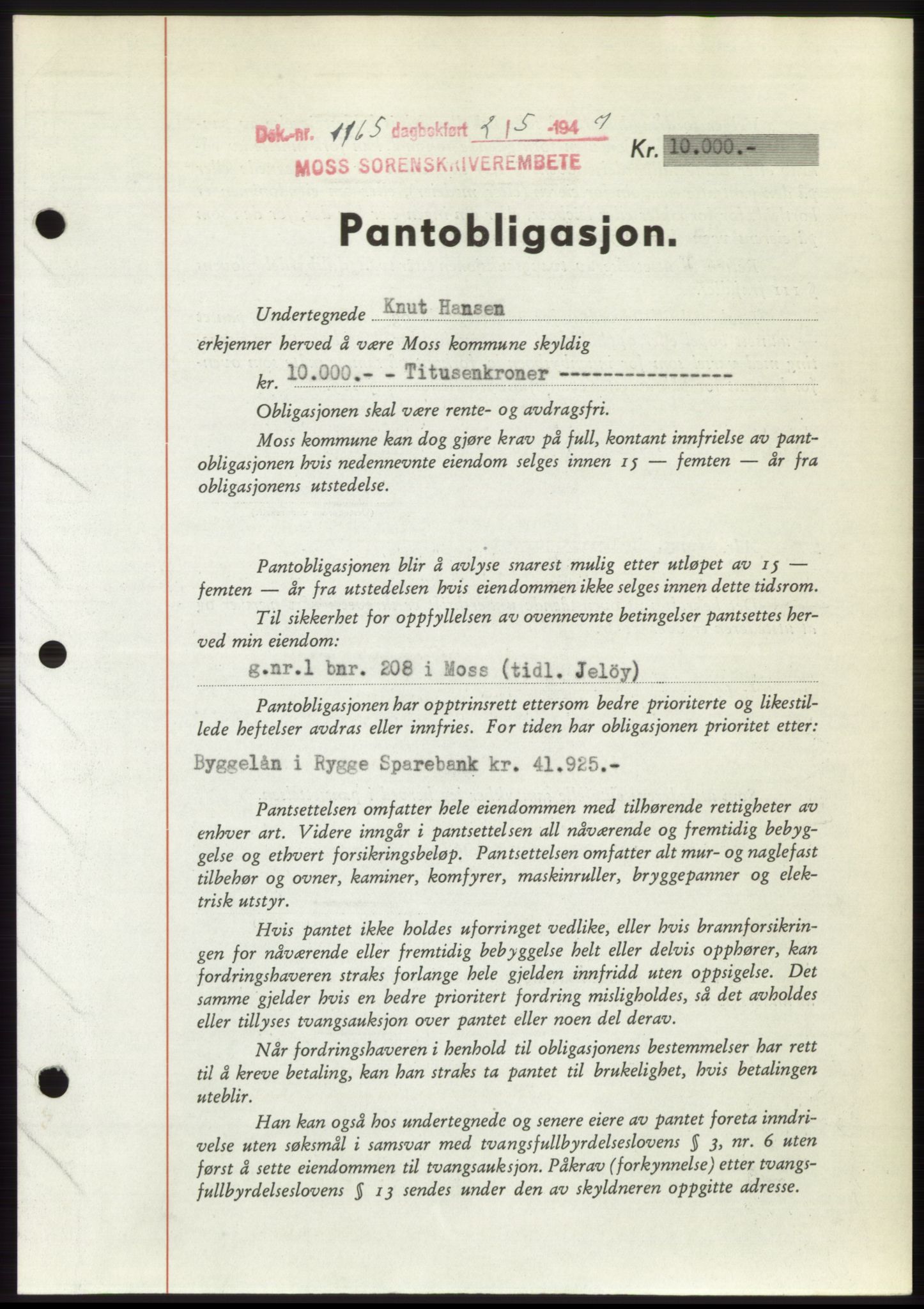 Moss sorenskriveri, SAO/A-10168: Pantebok nr. B17, 1947-1947, Dagboknr: 1165/1947
