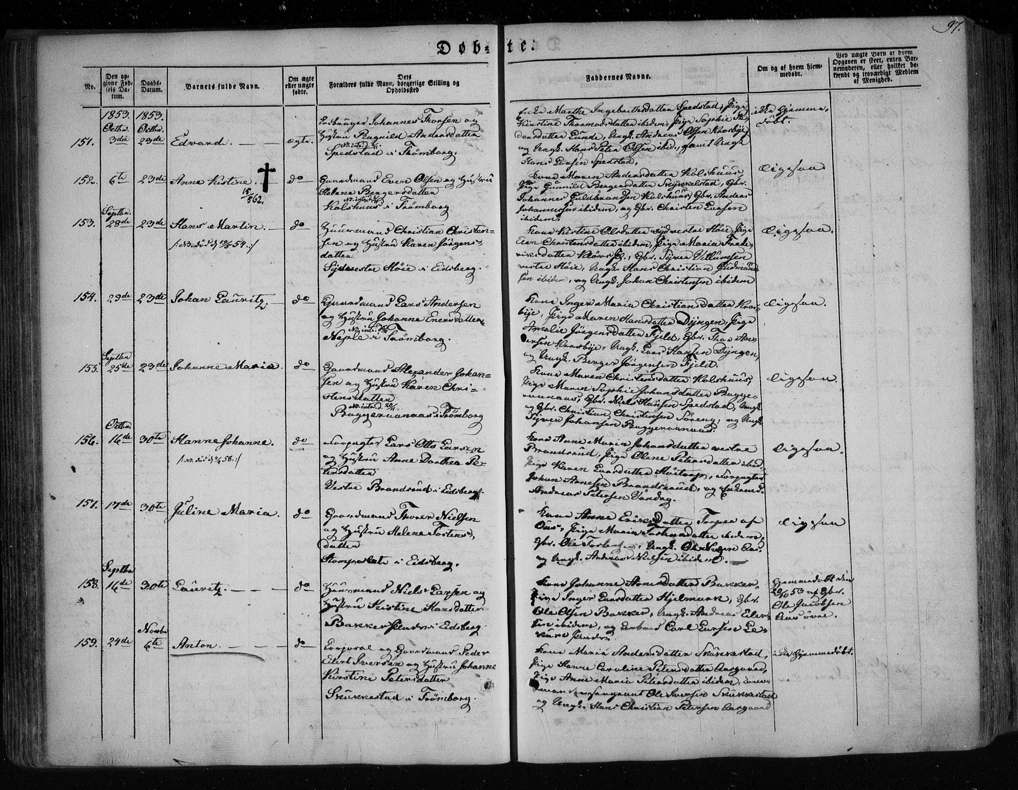 Eidsberg prestekontor Kirkebøker, AV/SAO-A-10905/F/Fa/L0009: Ministerialbok nr. I 9, 1849-1856, s. 97