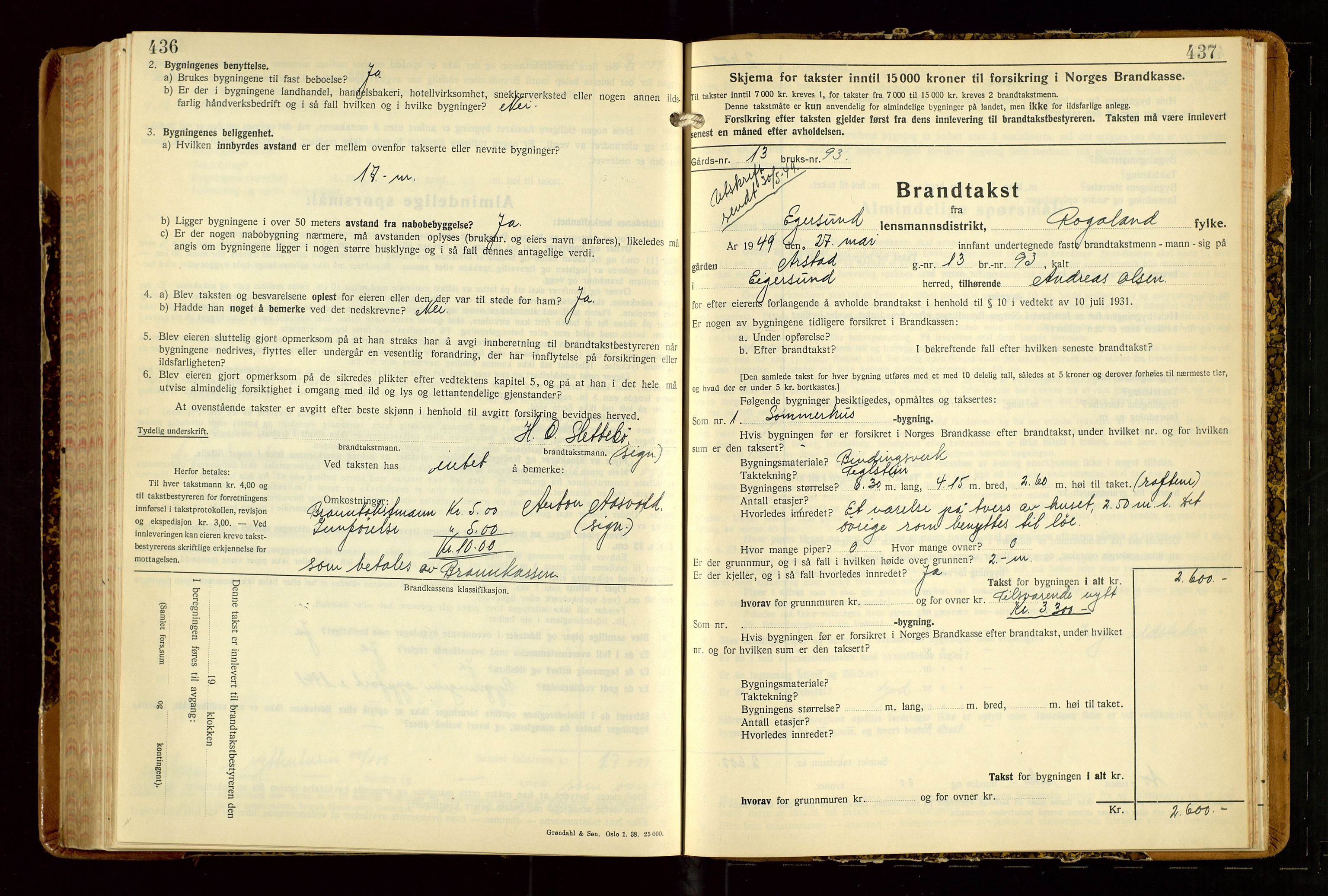 Eigersund lensmannskontor, SAST/A-100171/Gob/L0007: "Brandtakstprotokoll", 1938-1955, s. 436-437