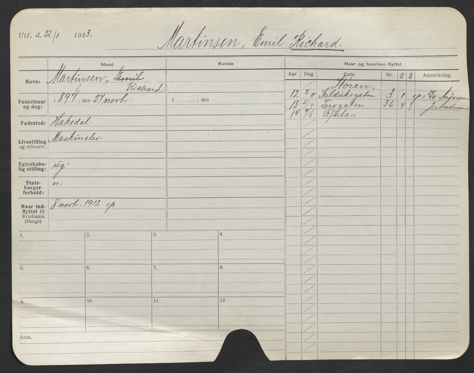 Oslo folkeregister, Registerkort, AV/SAO-A-11715/F/Fa/Fac/L0007: Menn, 1906-1914, s. 607a