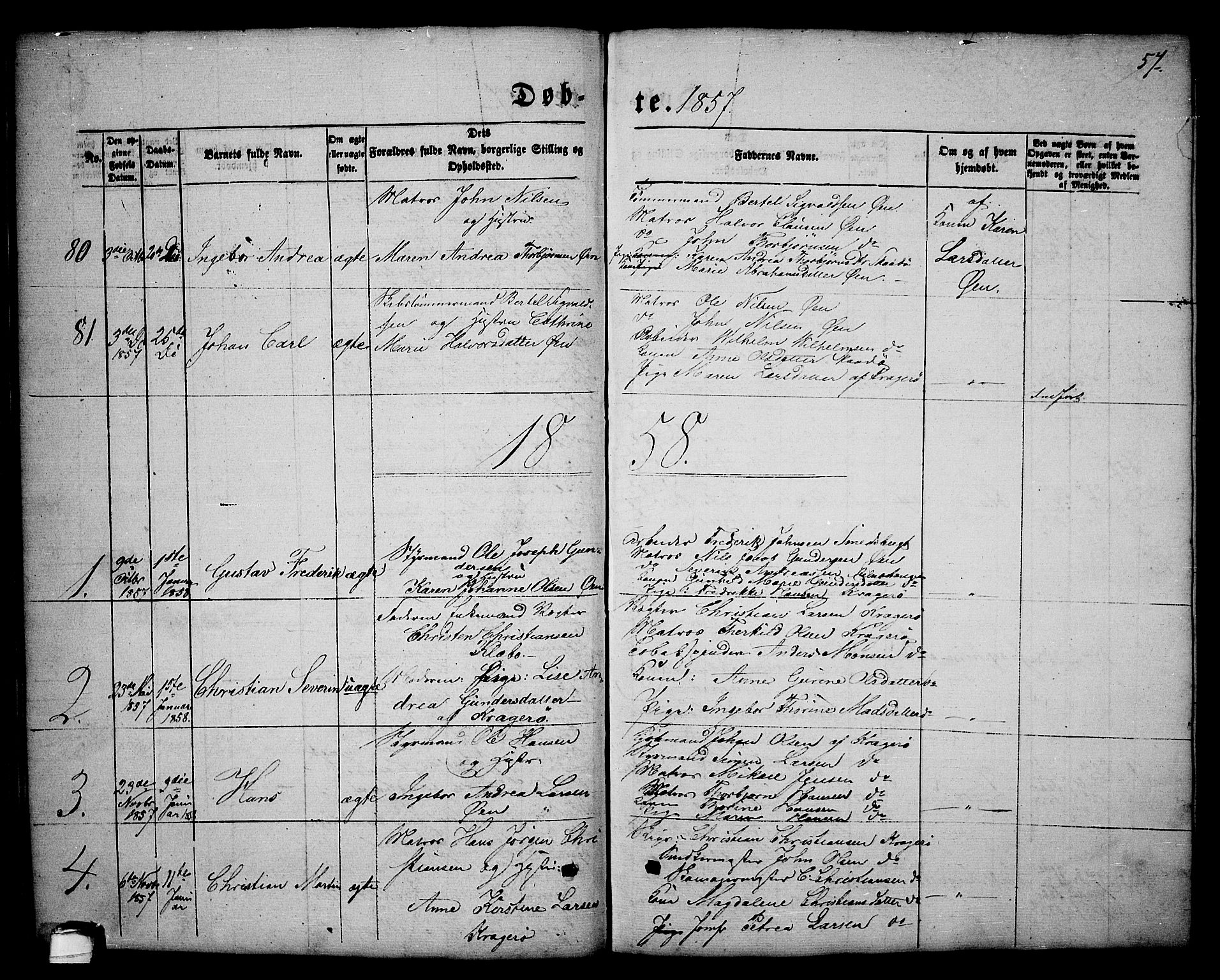 Kragerø kirkebøker, AV/SAKO-A-278/G/Ga/L0004: Klokkerbok nr. 4, 1853-1865, s. 57