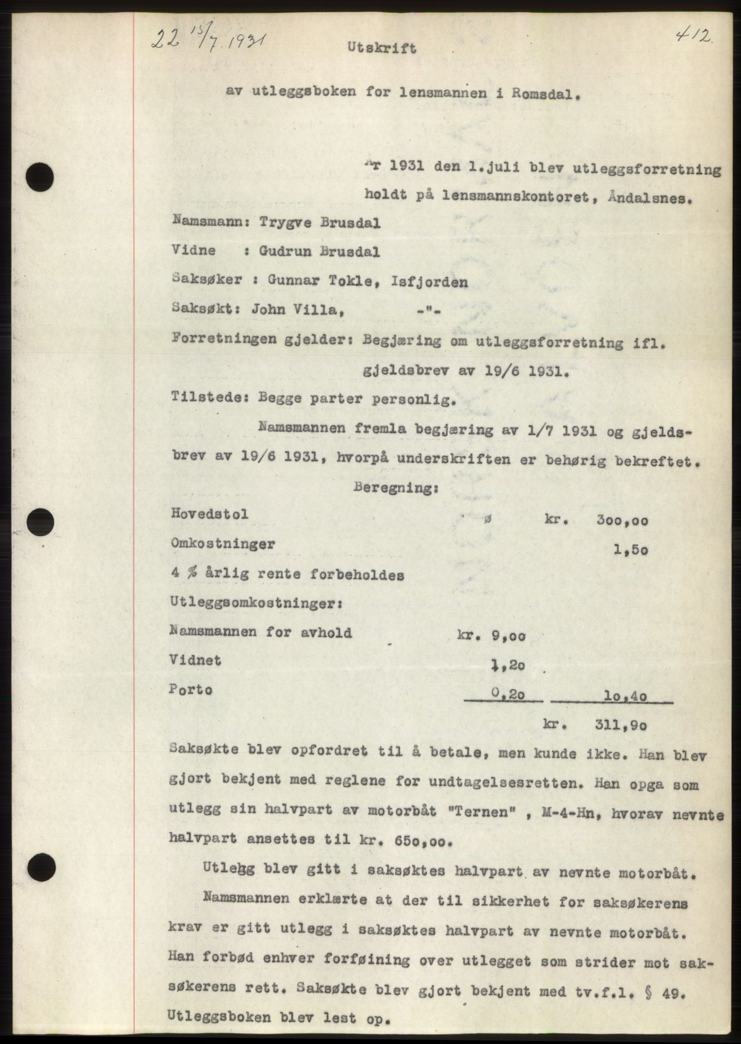 Romsdal sorenskriveri, AV/SAT-A-4149/1/2/2C/L0059: Pantebok nr. 53, 1931-1931, Tingl.dato: 15.07.1931