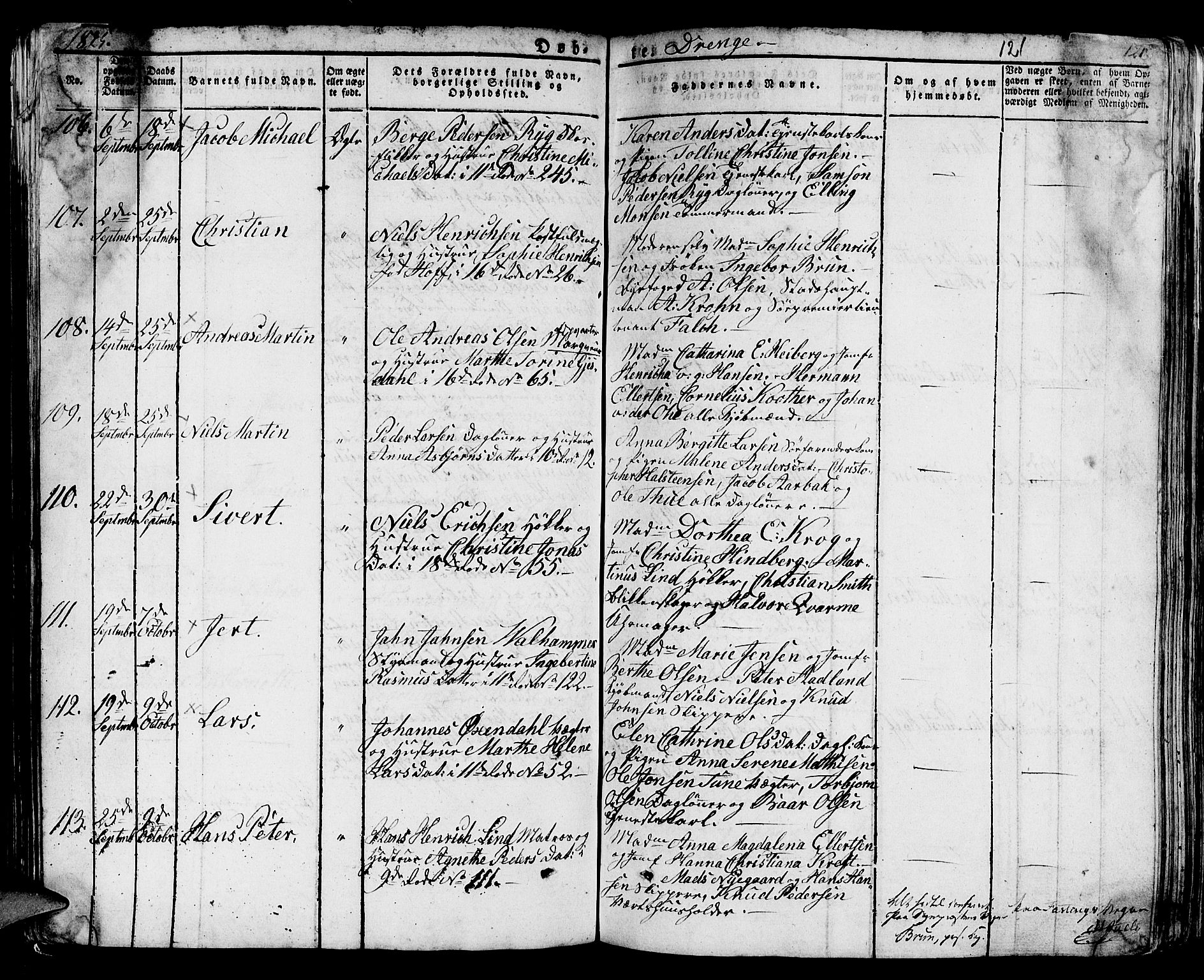 Domkirken sokneprestembete, AV/SAB-A-74801/H/Hab/L0005: Klokkerbok nr. A 5, 1821-1830, s. 121