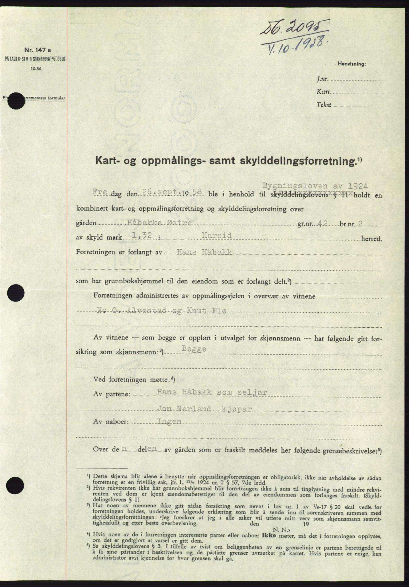 Søre Sunnmøre sorenskriveri, AV/SAT-A-4122/1/2/2C/L0110: Pantebok nr. 36A, 1958-1958, Dagboknr: 2095/1958