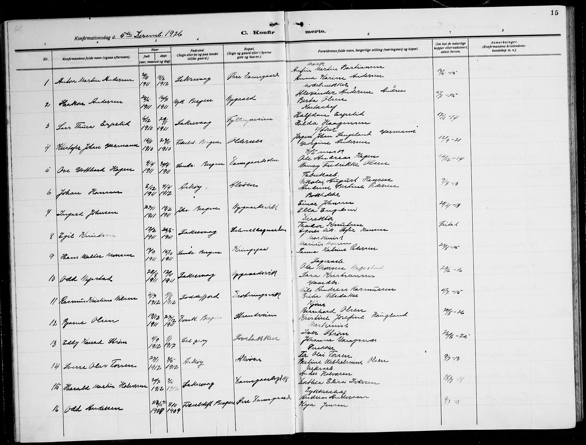 Laksevåg Sokneprestembete, SAB/A-76501/H/Ha/Hab/Haba: Klokkerbok nr. A 10, 1925-1942, s. 15