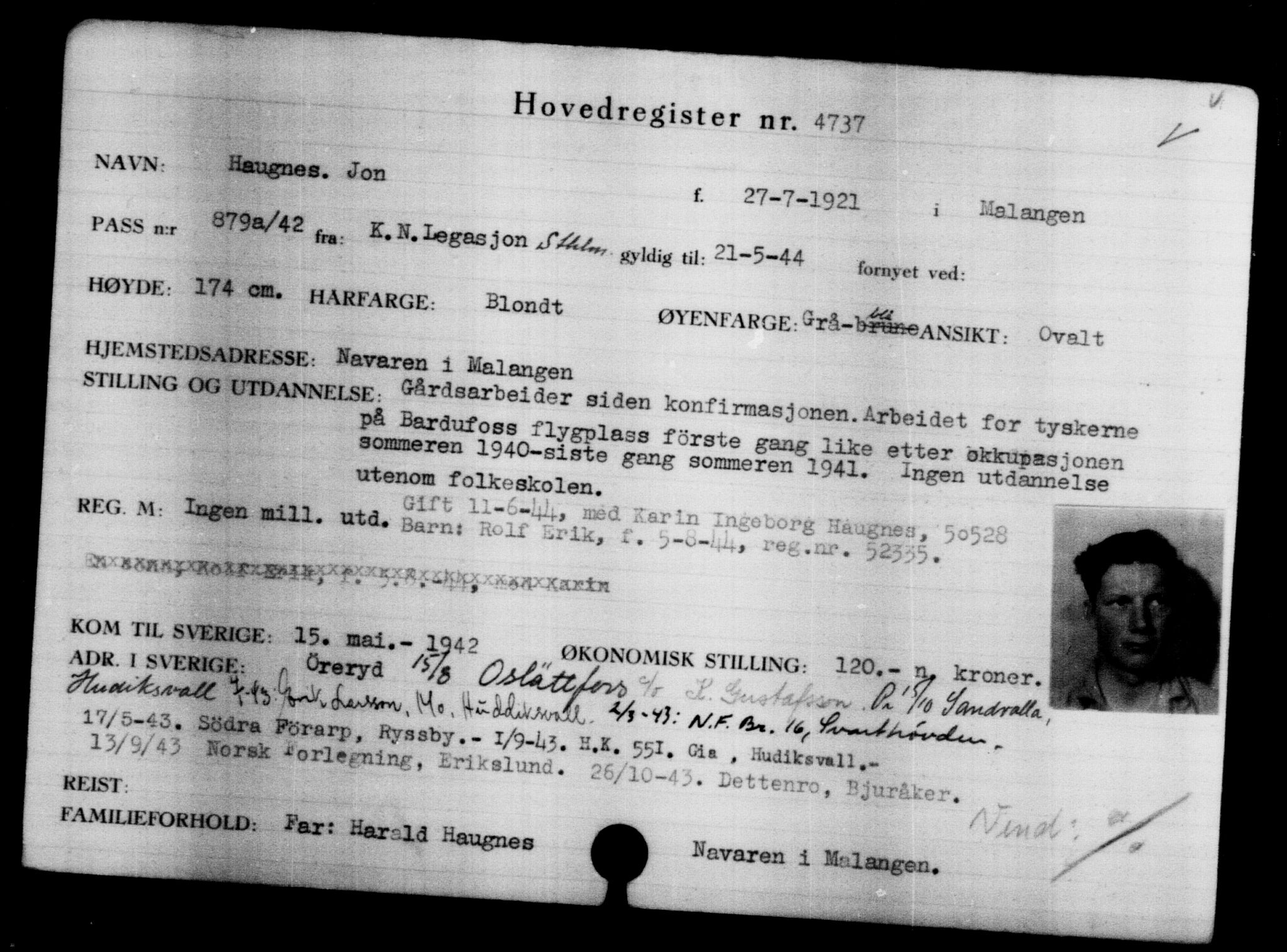 Den Kgl. Norske Legasjons Flyktningskontor, AV/RA-S-6753/V/Va/L0004: Kjesäterkartoteket.  Flyktningenr. 3496-6610, 1940-1945, s. 1468