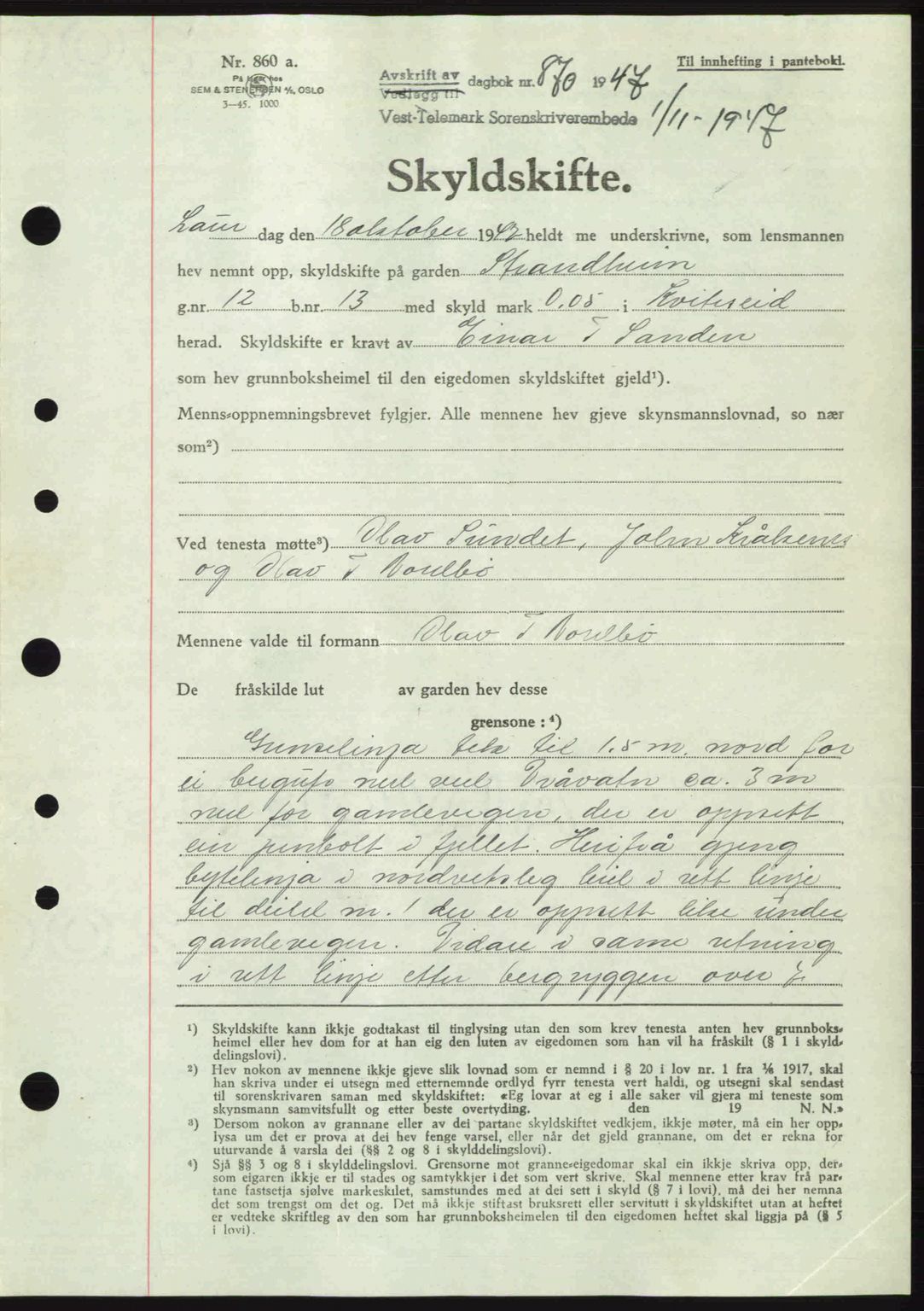 Vest-Telemark sorenskriveri, SAKO/A-134/G/Ga/Gac/L0008: Pantebok nr. A-8, 1947-1948, Dagboknr: 870/1947