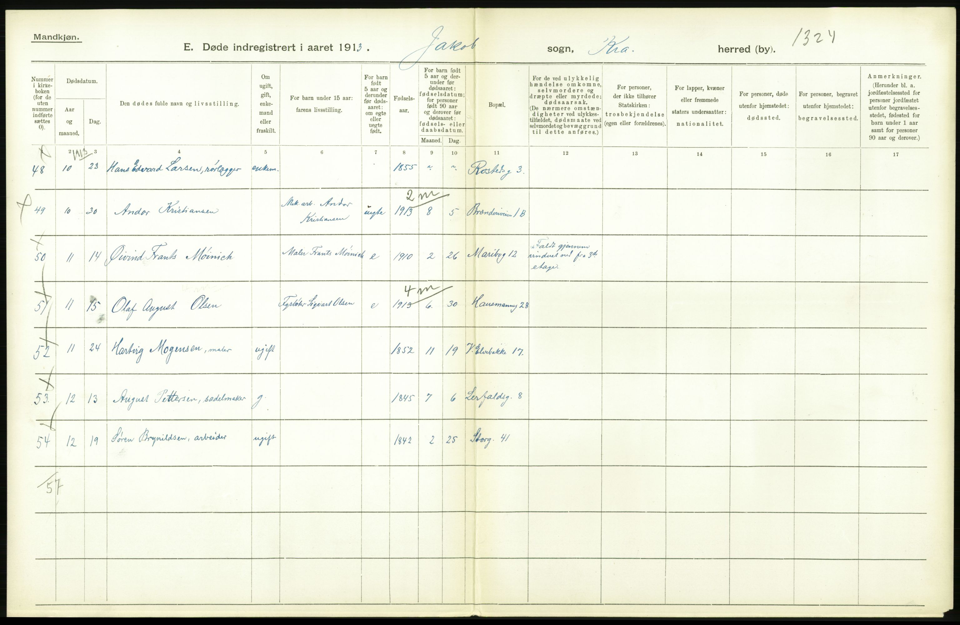 Statistisk sentralbyrå, Sosiodemografiske emner, Befolkning, AV/RA-S-2228/D/Df/Dfb/Dfbc/L0009: Kristiania: Døde., 1913, s. 636