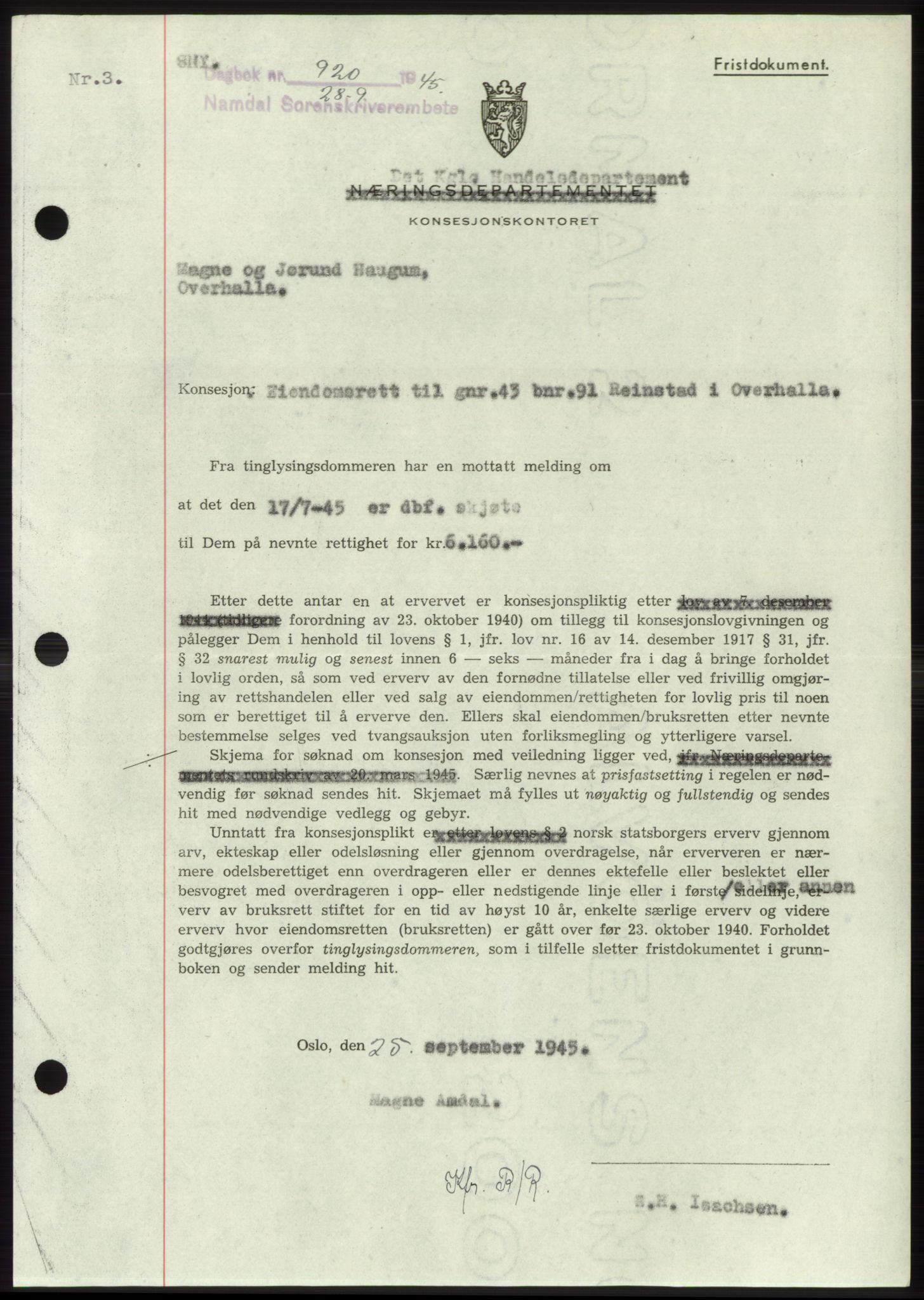 Namdal sorenskriveri, SAT/A-4133/1/2/2C: Pantebok nr. -, 1944-1945, Dagboknr: 920/1945